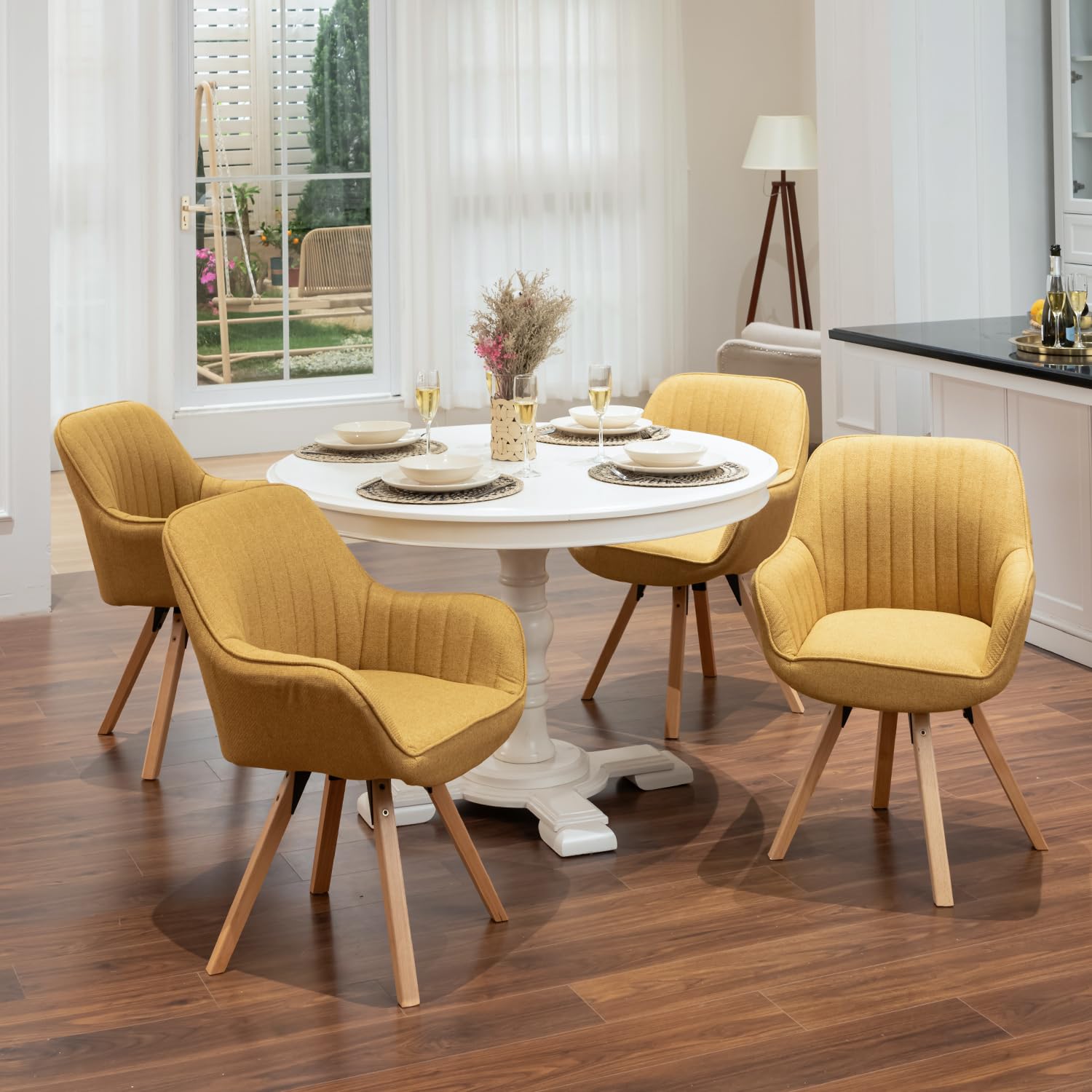 MEUBLE COSY Sedie da Pranzo Girevole a 360° Poltrona da Toelette Imbottite con Schienale e Braccioli per soggiorno cucina ufficio in Tessuto Gambe in Legno, Giallo