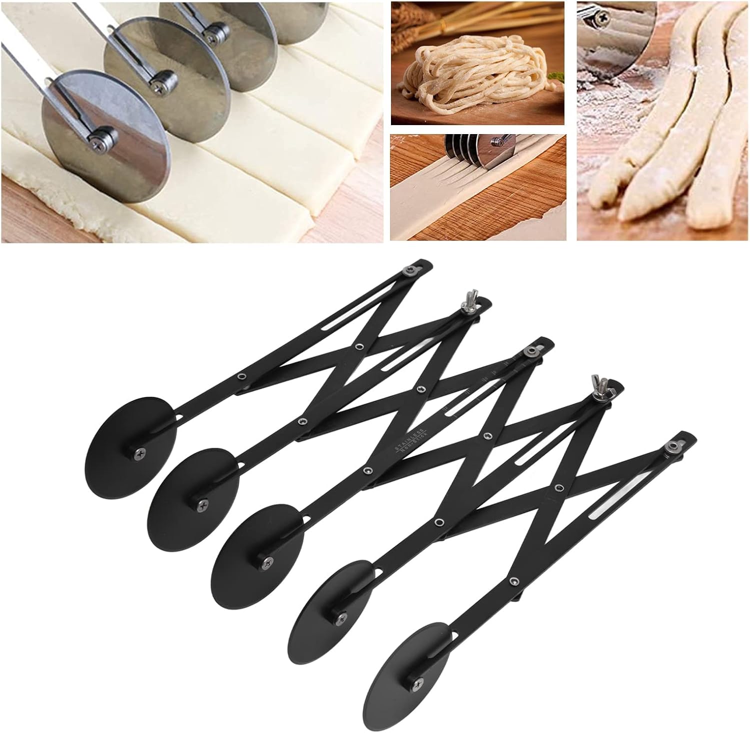 5 Wheel Pastry Cutter, Expandable Stainless Steel Pizza Slicer & Pasta Cutter, Adjustable Dough Roller Cutter for Baking Pastries Brownies and Pizza Kitchen Tool (Black)
