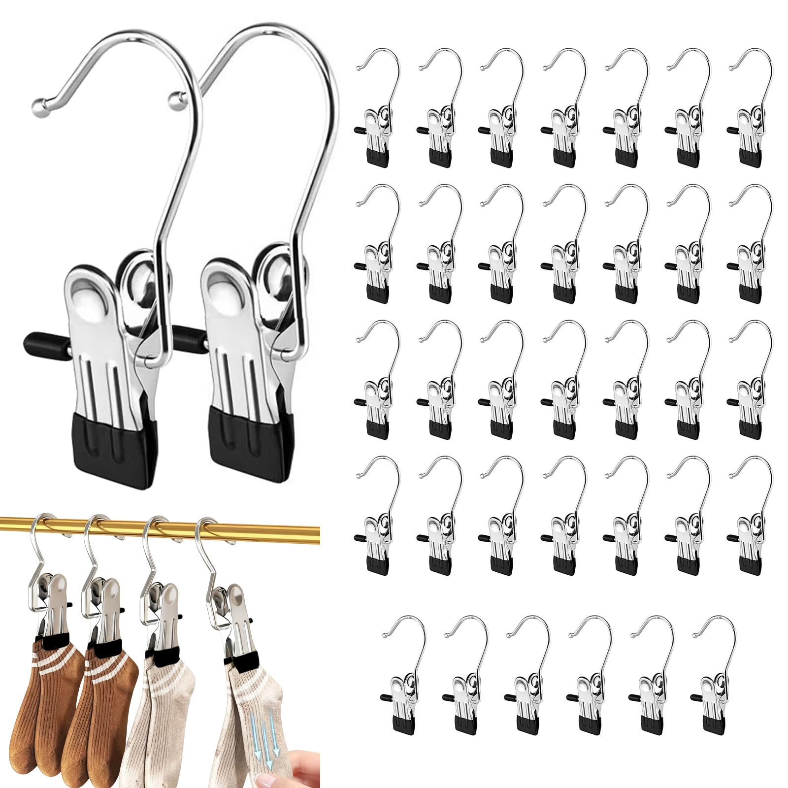 36Pcs Hanging Clips, Portable Clothes Pegs No-slip Stainless Steel Hangers with Clips Hat Storage Travel Hangers Foldable Drying Rack for Pants Towels Shoes Socks Trousers