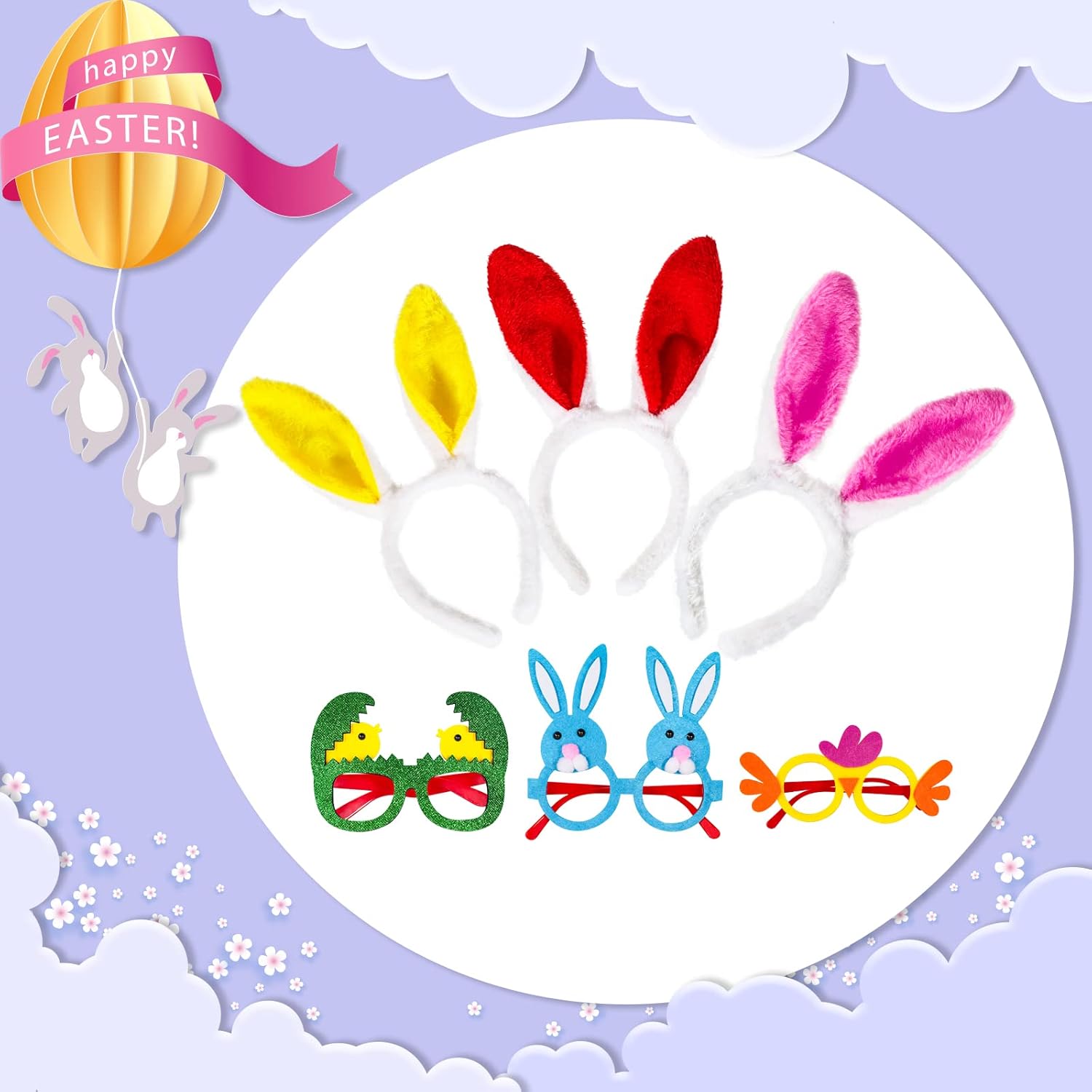 MGparty 12PCS Easter Headbands and Glasses Frame Set Easter Bunny Ears Rabbit Chick Eggs Party Favor Decorations Supplies Photo Booth for Kids and Adults