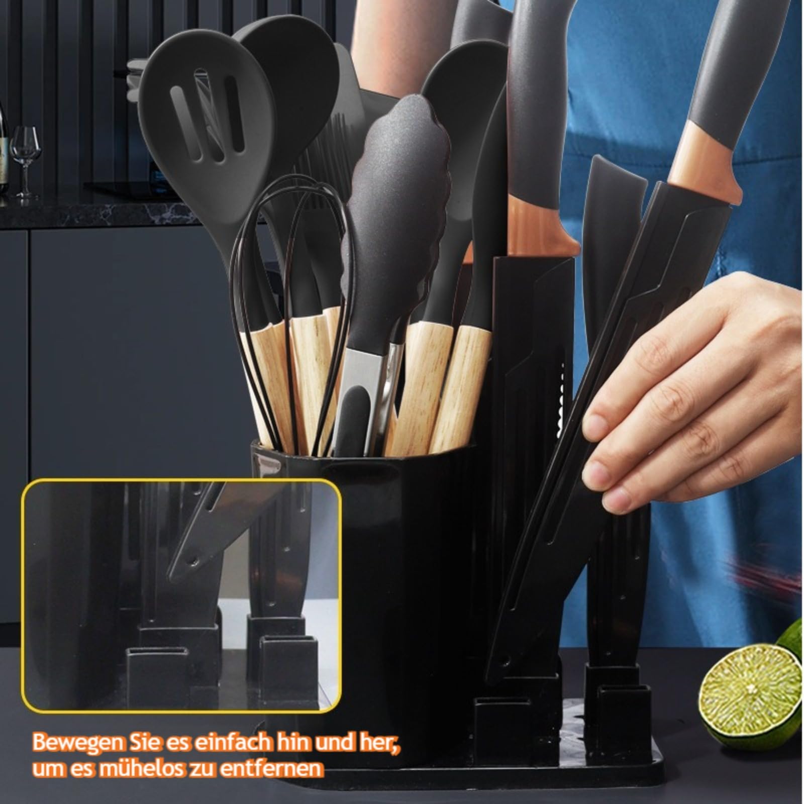 19 Stück Küchenmesser Set,Silikon-Küchenutensilien-Set mit Holzgriffen, Hitzebeständige,mit 12 Kochutensilien,5 Messern,Schneidebrett und Halter,Spülmaschinengeeignet (Schwarz)