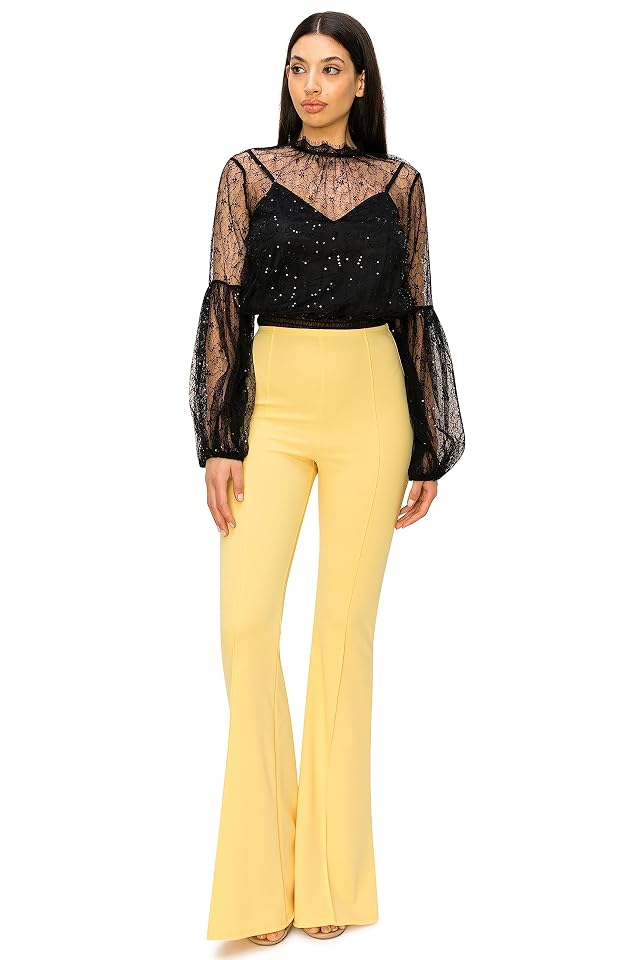 Cemi Ceri Womens High Waist Flare Pants Stretchy Lightweight Crepe Scuba Fabric Pull-On Bell Bottom Trousers Yellow