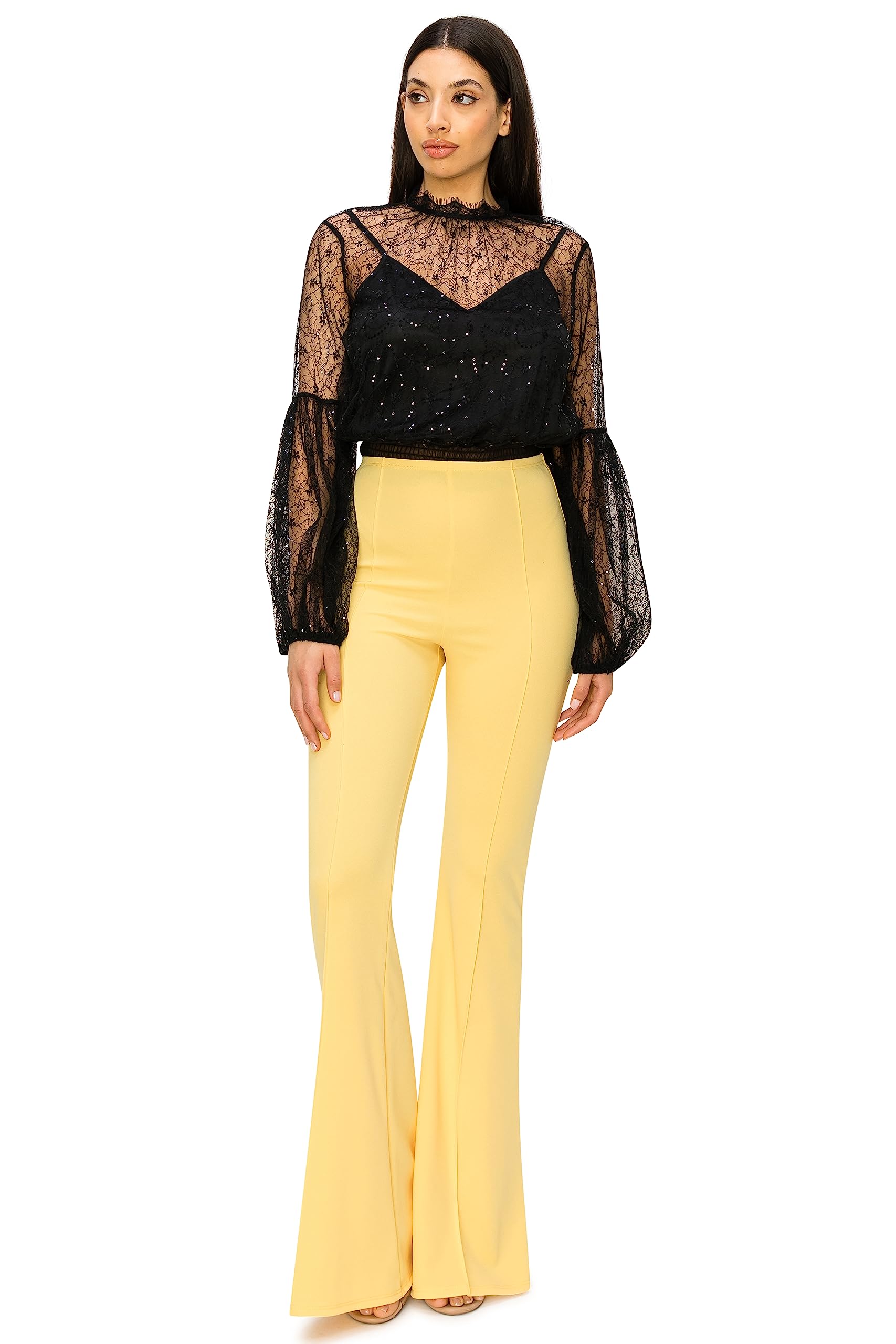 Cemi Ceri Womens High Waist Flare Pants Stretchy Lightweight Crepe Scuba Fabric Pull-On Bell Bottom Trousers Yellow