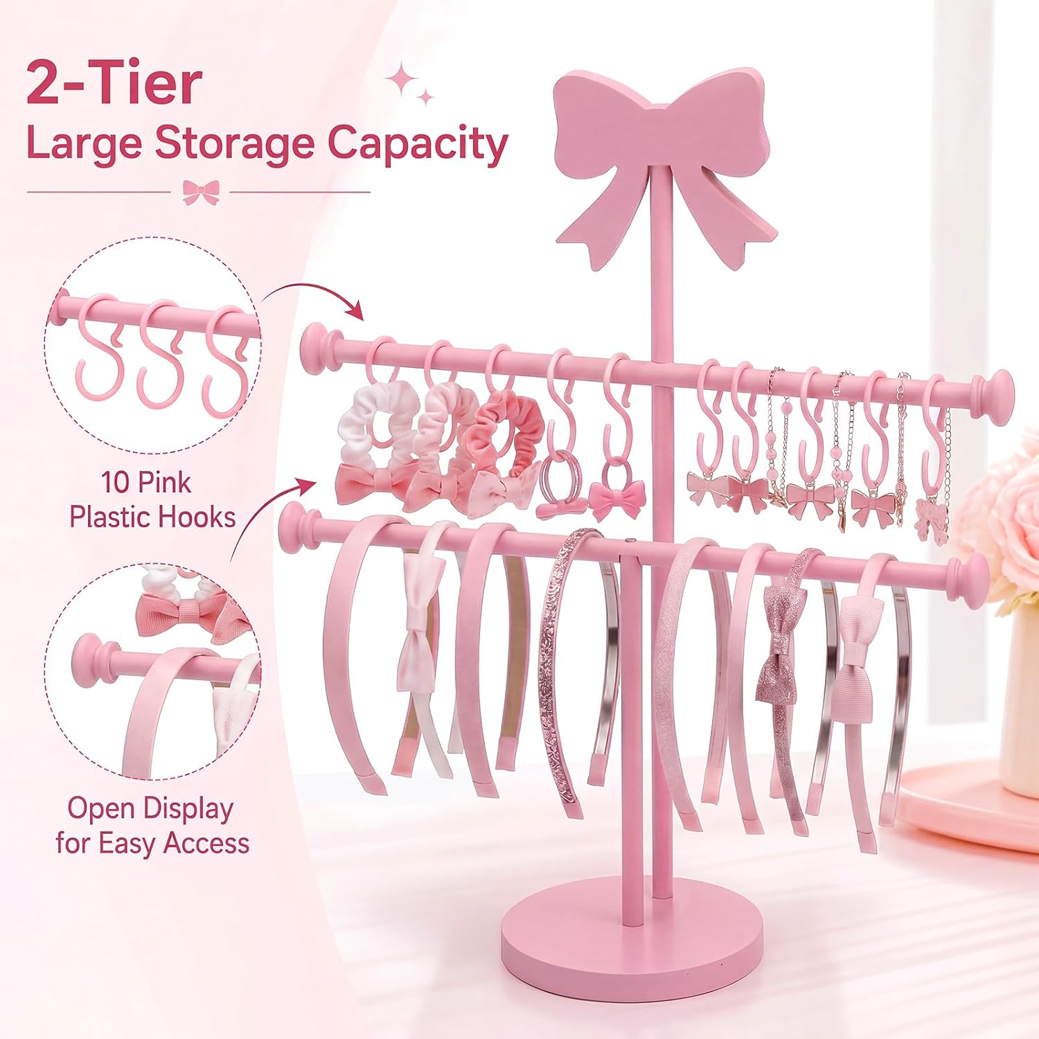 Sliner Pink Bow Headband Holder for Girls 2-tier Wooden Organizer Storage Bow Hair Accessories with 10 Pink Plastic Hooks for Girls Women Bracelets College Dorm Bedroom Storage