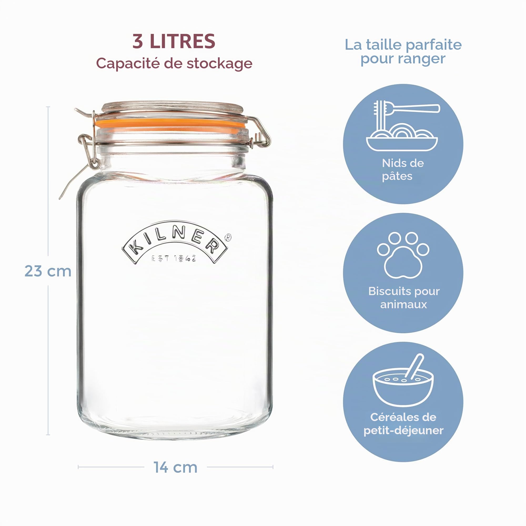 Kilner Bocal carré en verre hermétique de 3 l (3 000 ml) pour conserver des fruits entiers et des légumes et stocker des céréales, des pâtes, des biscuits pour animaux domestiques