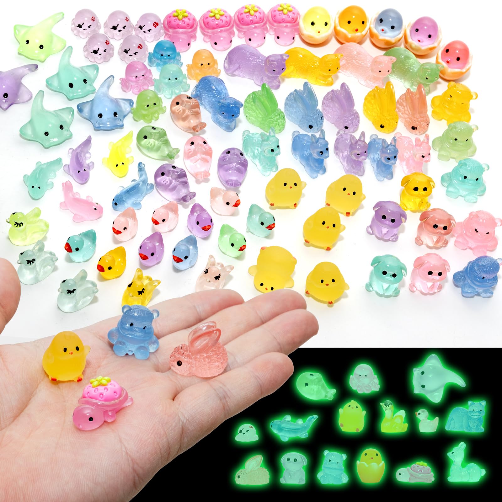 80 sztuk mini figurek, 15 różnych mini zwierząt z żywicy, malutkie świecące figurki zwierząt, zestaw kolorowych małych zwierząt, dekoracja do DIY mikrokrajobrazów, sceny akwarium, dekoracje