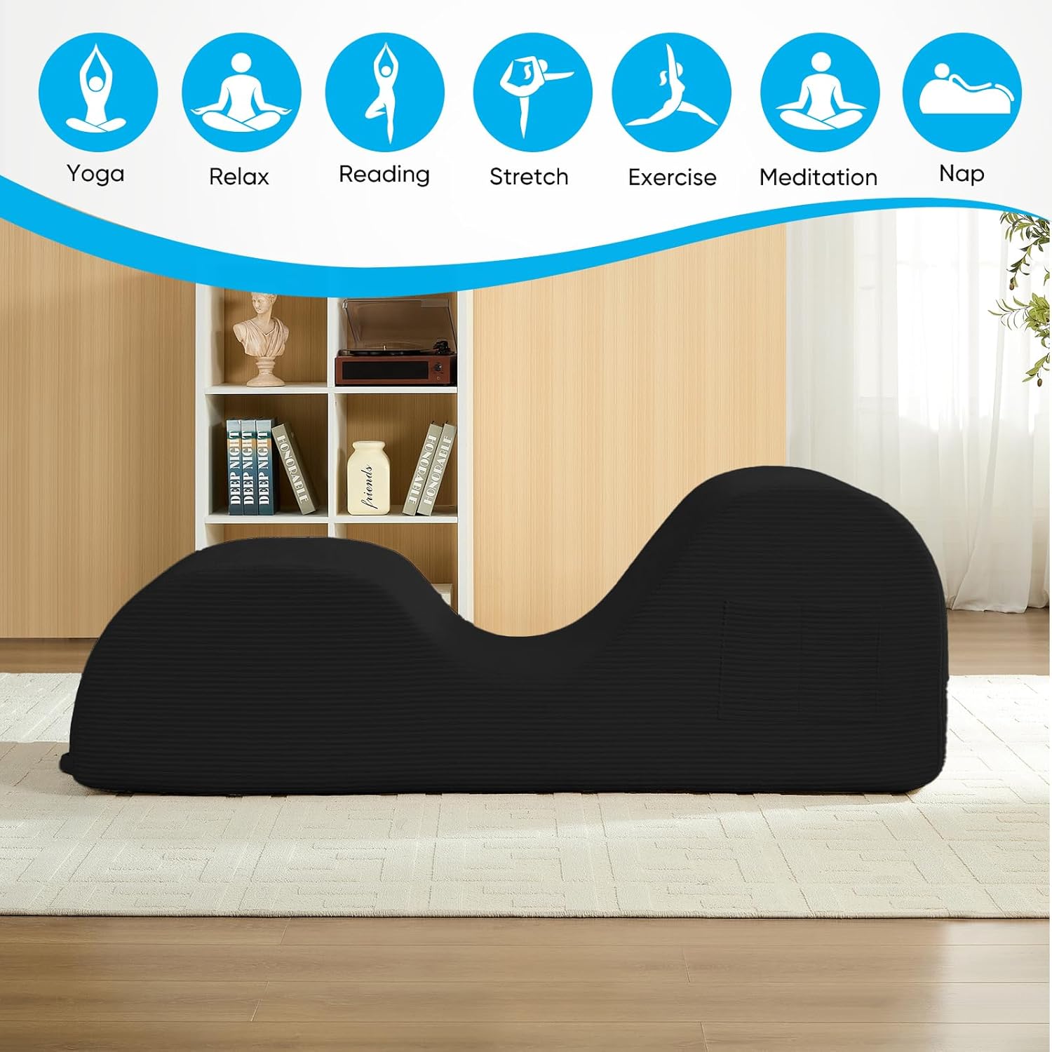 Mjkone Corduroy Yoga Chair for Adult, Chaise Lounge Chair Indoor with Side Pockets, Headrest, Waist Cushion, Movable Footrest, Curved Yoga Sofa for Relaxation Stretching for Bedroom, Black