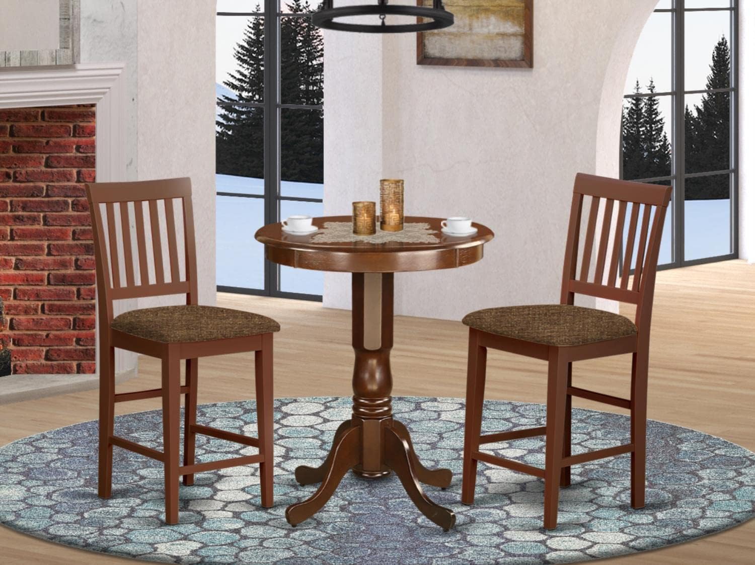 East West Furniture EDVN3-MAH-C 3 Piece Counter Set for Small Spaces Contains a Round Dining Room Table with Pedestal and 2 Linen Fabric Upholstered Chairs, 30x30 Inch, Mahogany