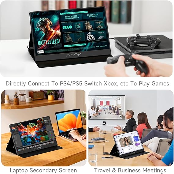 AYY Portable Monitor for Laptop 15 Inch, FHD 1080P USB-C HDMI Travel Monitor External for Computer, Second Display HDR IPS Gaming Monitor Extender for PC MAC Phone PS4/5 Xbox Switch, Built-in Speakers