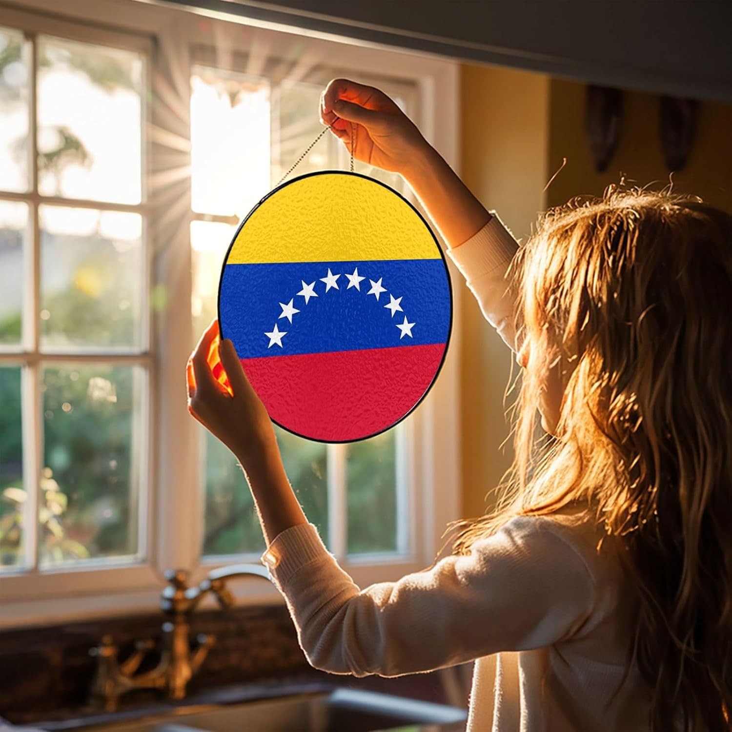 Stained Glass Window Hanging 12in Window Suncatcher Glass Panel with Metal Chain Flag of Venezuela Sun Catchers Wall Art Home Decor Gift for Women Mother's Day