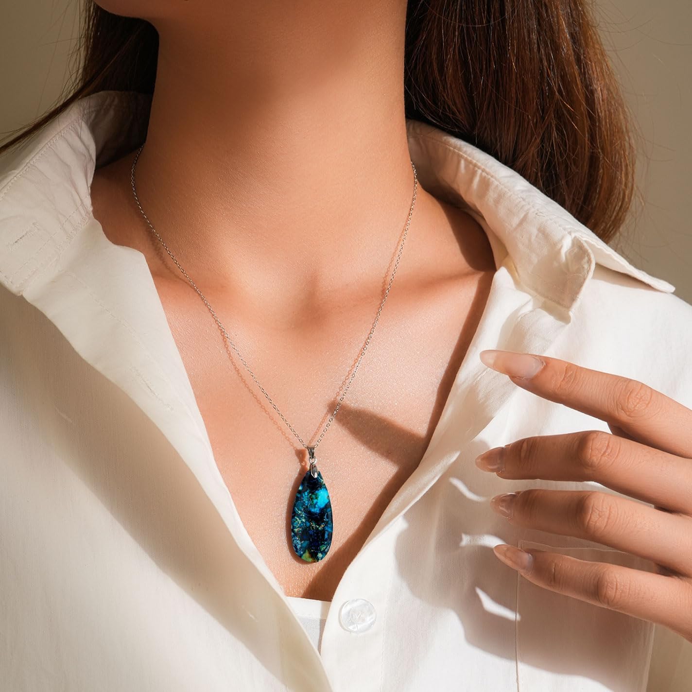 925 Sterling Silver Natural Imperial Jasper Pendant Necklace, Waterdrop Shape, Boho Style, 18 Inch Chain - Image 2