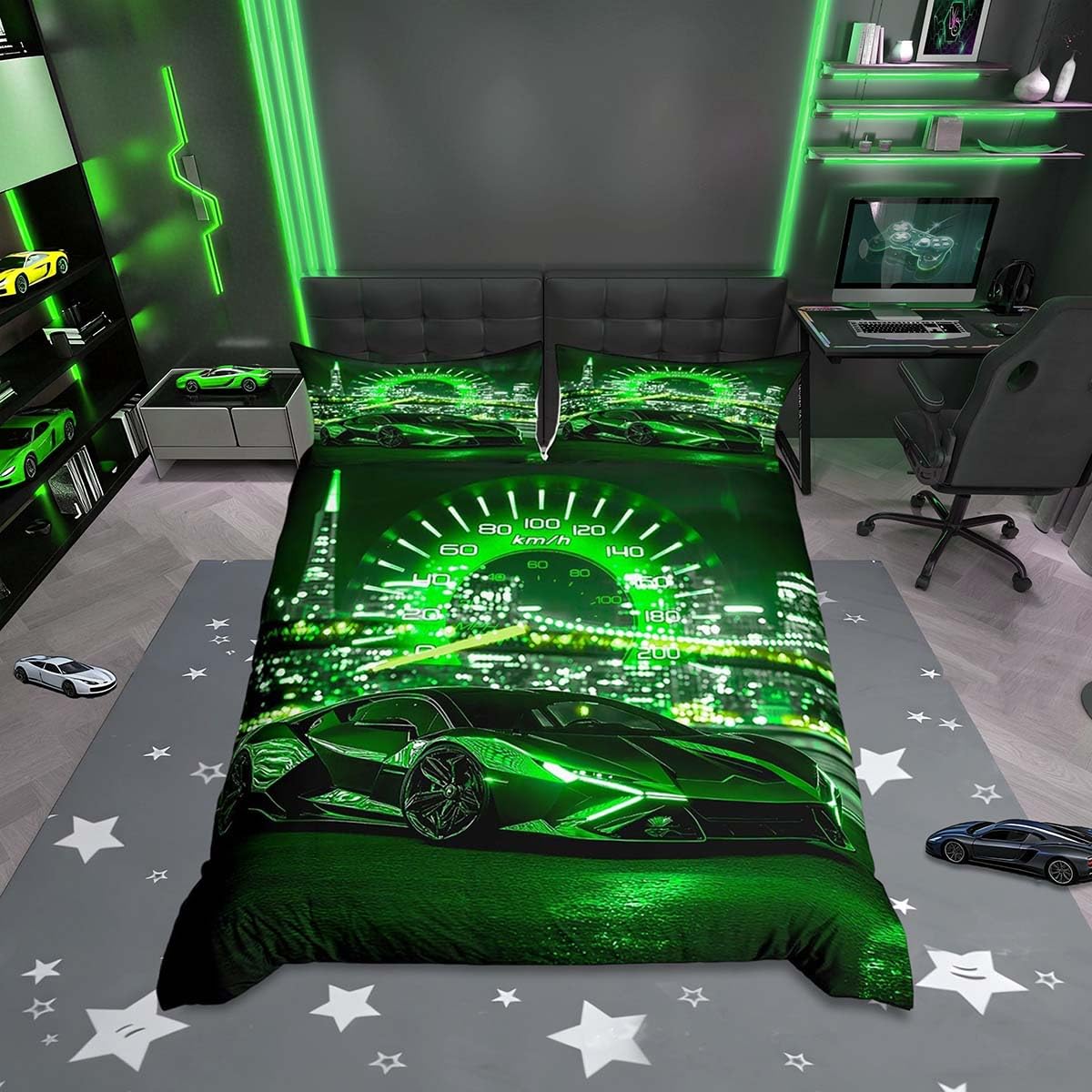Homemissing Kids Race Car Bedding Set King Size, Speed Sports Car Duvet Cover Set Extreme Sports Duvet Cover with 2 Pillowcases Boys Girls Teens Racing Bedroom Decor Zipper — image 1
