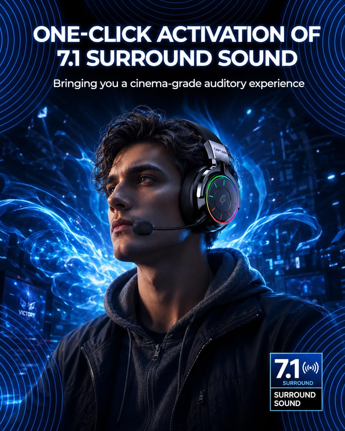 AOC 2.4GHz Wireless Gaming Headset for PS5, PC, PS4 - RGB Light Gaming Headset, 60 HR Battery, 7.1 Surround Sound, Bluetooth 5.4 Gaming Headphones with Mic(Black)