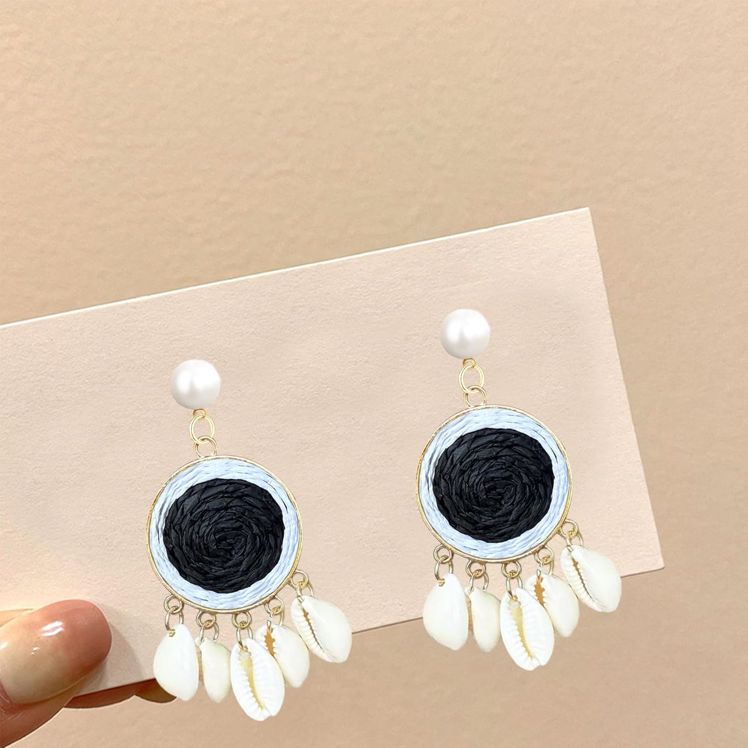YUNXI Bohemian Shell Earrings for Women Geometric Round Weaving Pearl Stud Earrings Summer Seaside Vacation Jewelry - Image 6