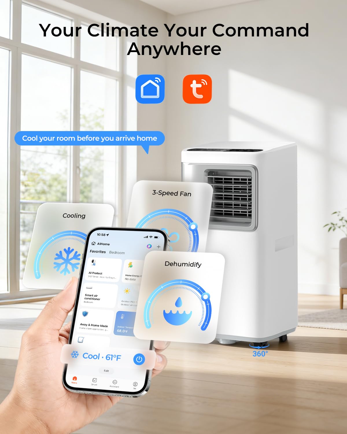 Inteligentny Przenośny Klimatyzator 16000 BTU do 50 m2, WiFi i Pilot, Cichy Osuszacz Wentylator, Tryb Nocny, Samoparowanie, Mobilny Sprzęt AGD do Domu i Biura
