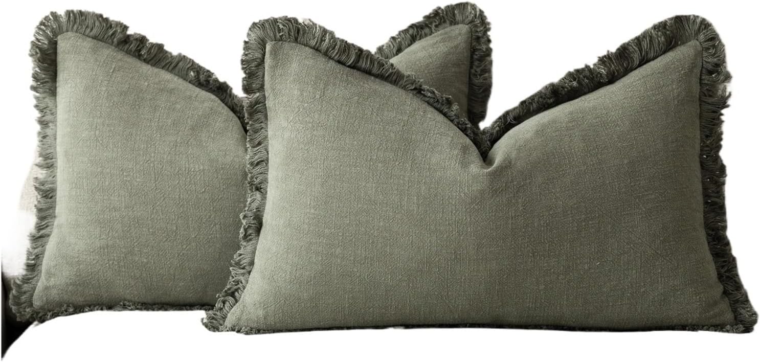 Set of 2 Decorative Linen Fringe Lumbar Throw Pillow Covers Farmhouse Cushion Cover with Tassels Soft Pillowcase for Couch(Blue,450x450mm)