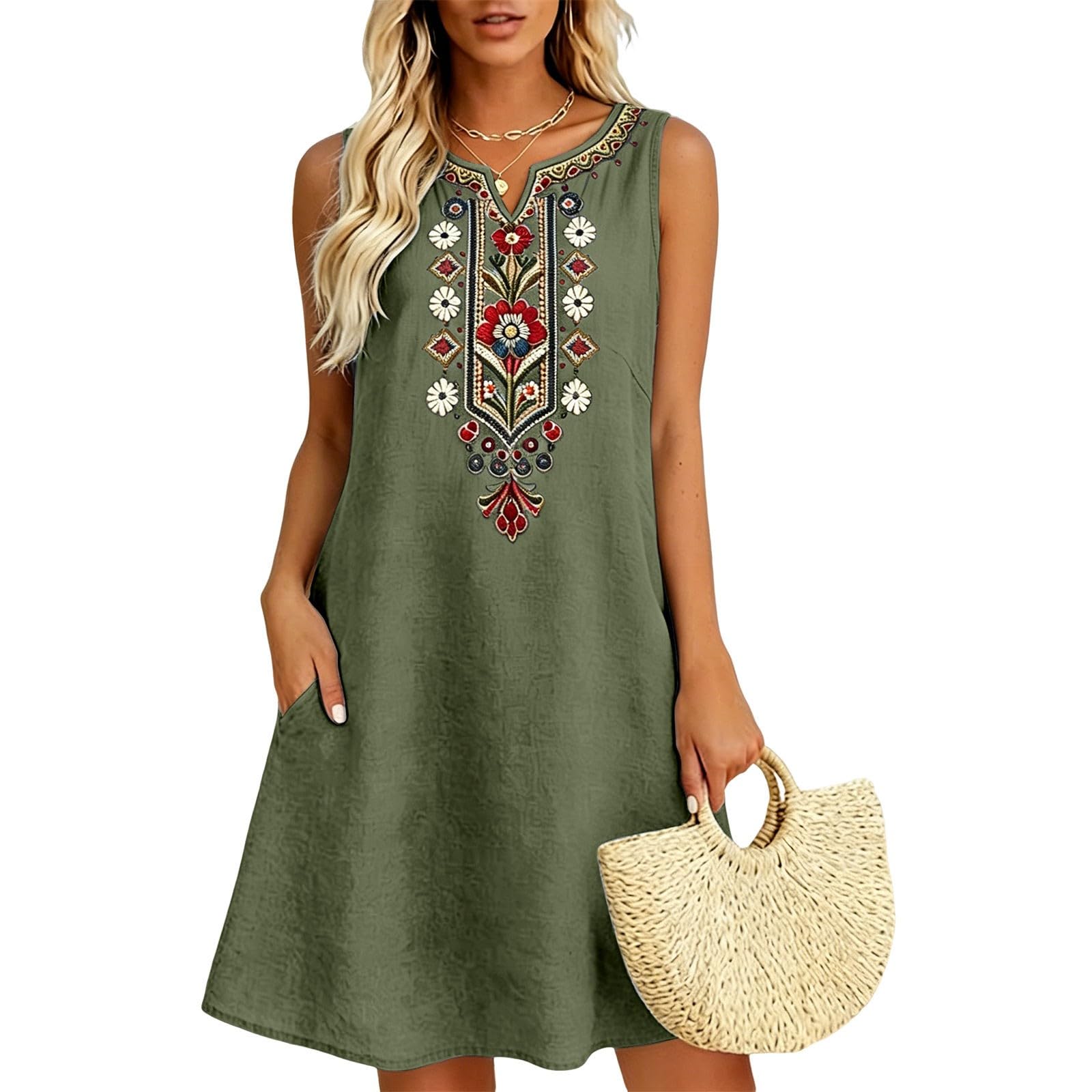 Vestidos de verano aireados Midi Vestido Bohemio Elegante Vestido de Verano Suelto Cuello Redondo Vestido Midi Vestido de Flores Sencillo Vestido de Playa Vestido de Playa Ligero Y Aireado