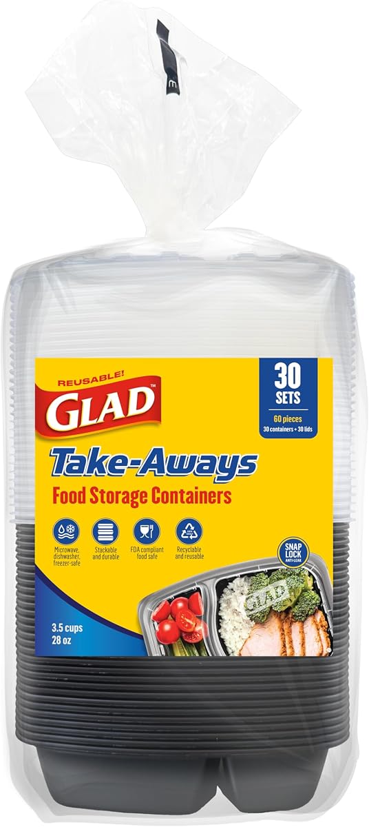 Take-Aways Paquete de 30 contenedores de preparación de comidas con cierre a presión, 2 compartimentos, aptos para lavavajillas y congelador, reutilizables, fabricados en América del Norte (28 oz, sin BPA)