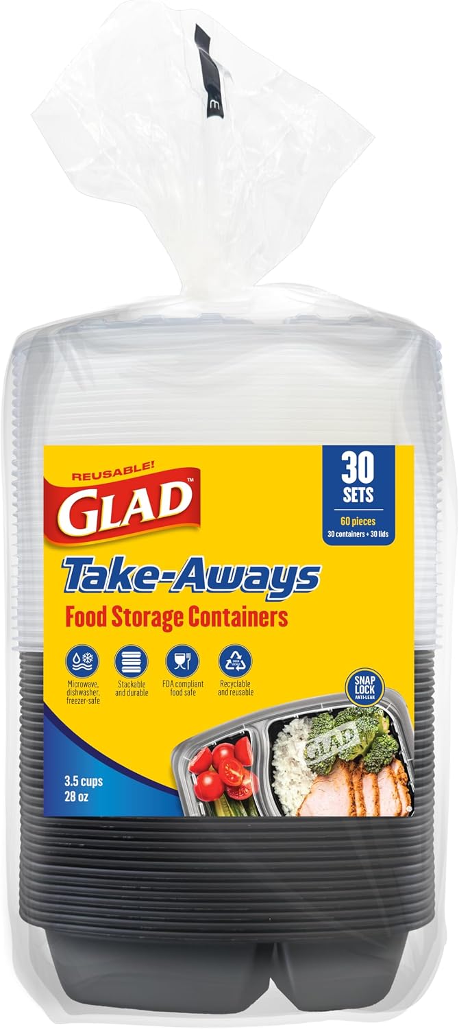 Glad Take-Aways 30-Pack Snap-Seal, 2-Compartment, Dishwasher and Freezer Safe, Reusable Food Storage, Meal Prep Containers, Made in North America (28 oz, BPA Free)