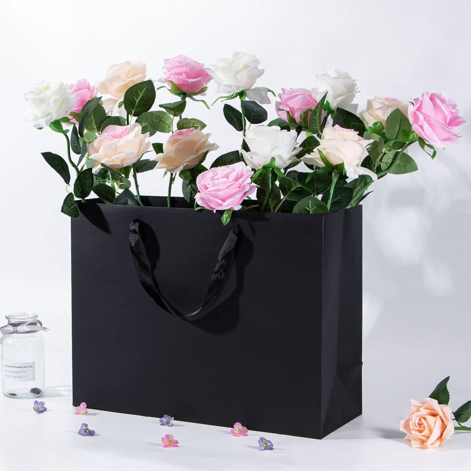 Large Black Gift Bags 50pcs, 16''×6''×12'' Gift Bag Large Size with Ribbon Handles Reusable Heavy Duty Kraft Black Paper Bags Bulk for Shopping, Wedding, Party, Gift, Retail