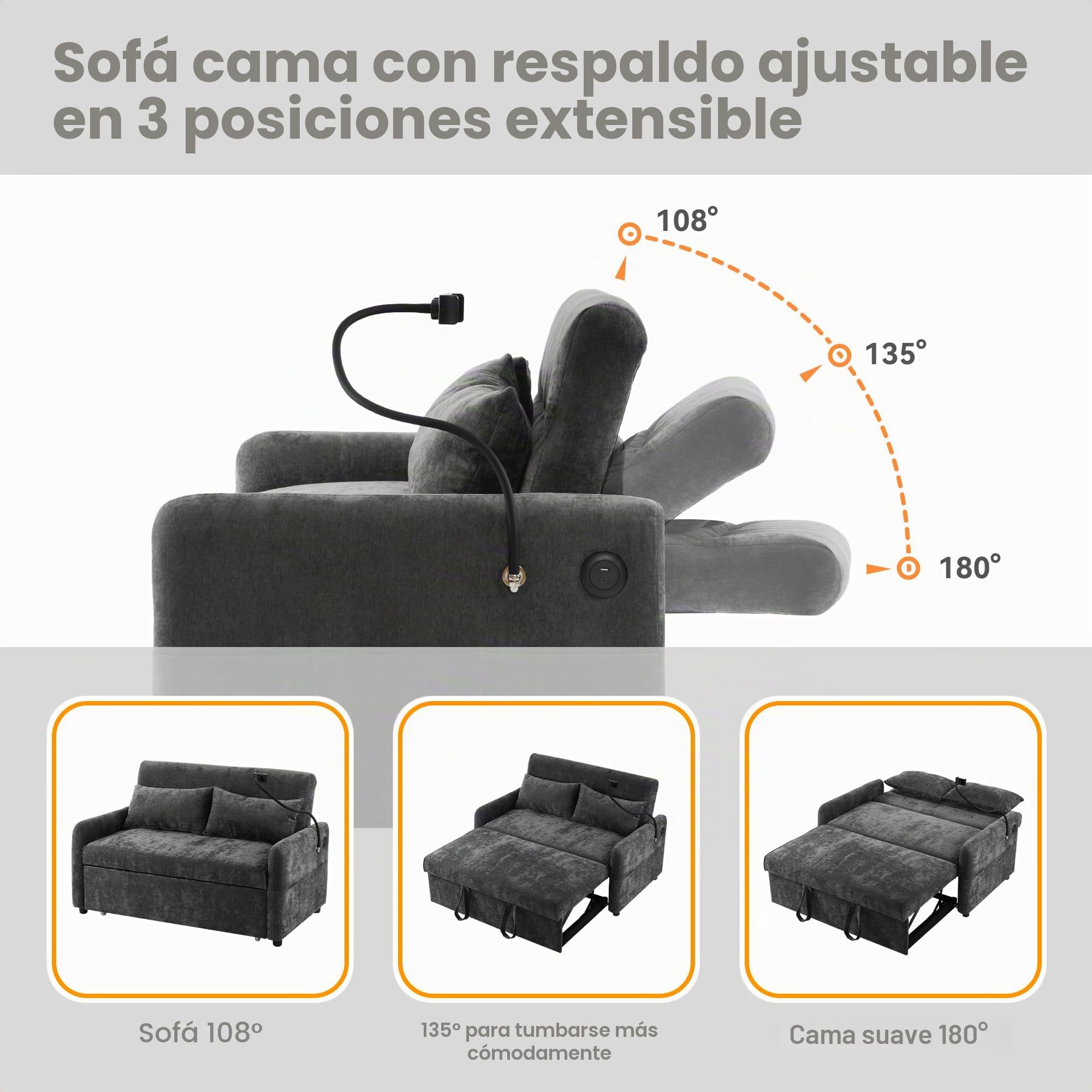 Azkoeesy Sofá cama plegable con función de dormir, sofá de 2 plazas con respaldo ajustable, soporte para móvil, USB, 2 cojines, tela de chenilla, para salón, dormitorio, sala de cine en casa (Gris)