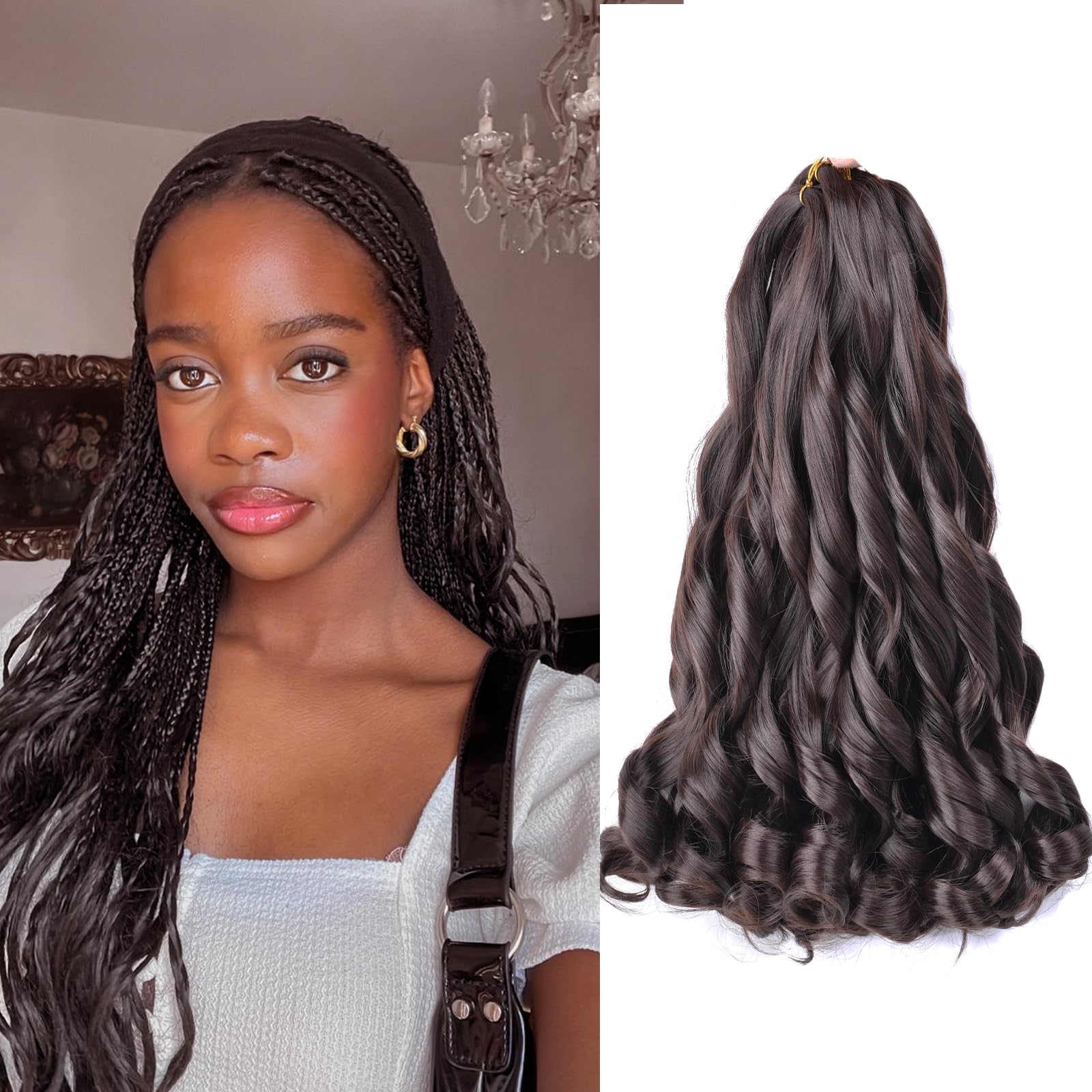 Brown Curly Braiding Hair for Black Women 16 Inch 75g/Pack Pre Stretched Braiding Hair Extensions 8 Packs Bouncy French Curls Braiding Hair (16 Inch,8