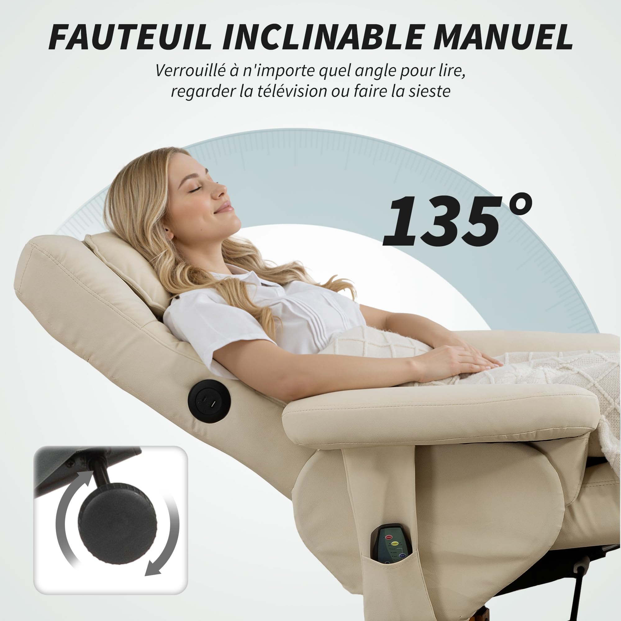 HOMCOM Fauteuil massant avec Repose-Pied Fauteuil Relax Salon - Dossier inclinable jusqu'à 135°, Coffre de Rangement, appuie-tête et télécommande - revêtement synthétique crème