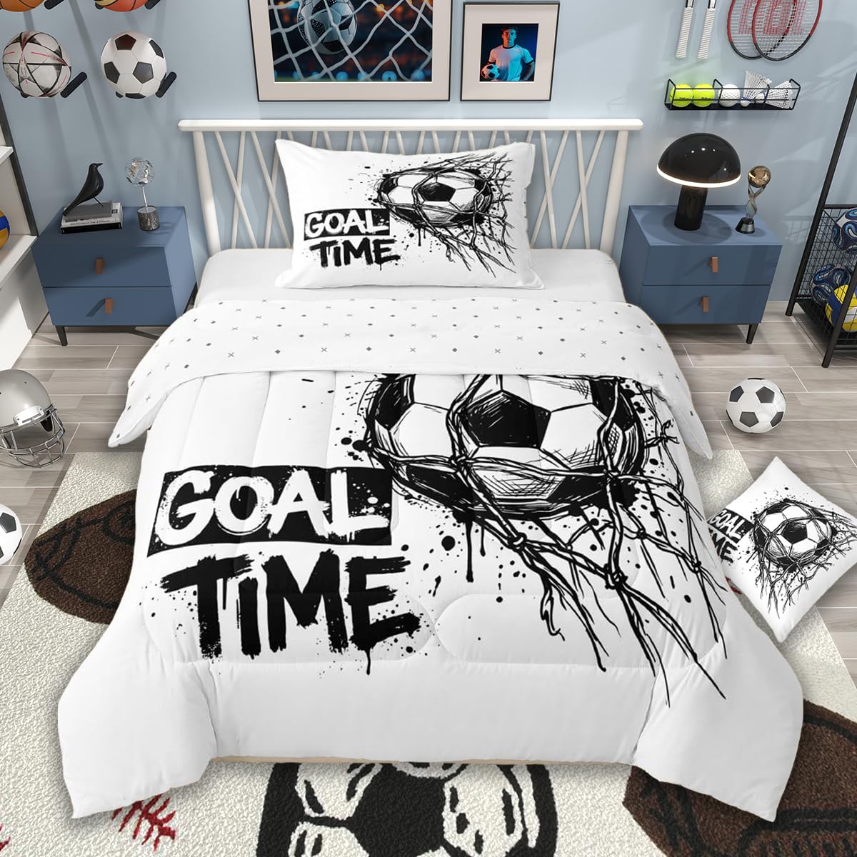 Feelyou Soccer Comforter Set All Season Football Sports Bedding Set with 1 Pillow Cases Soccer Ball Game Microfiber Kids Toddler Bedclothes Bedroom Decor Duvet Quilt Breathable Soft Lightweight