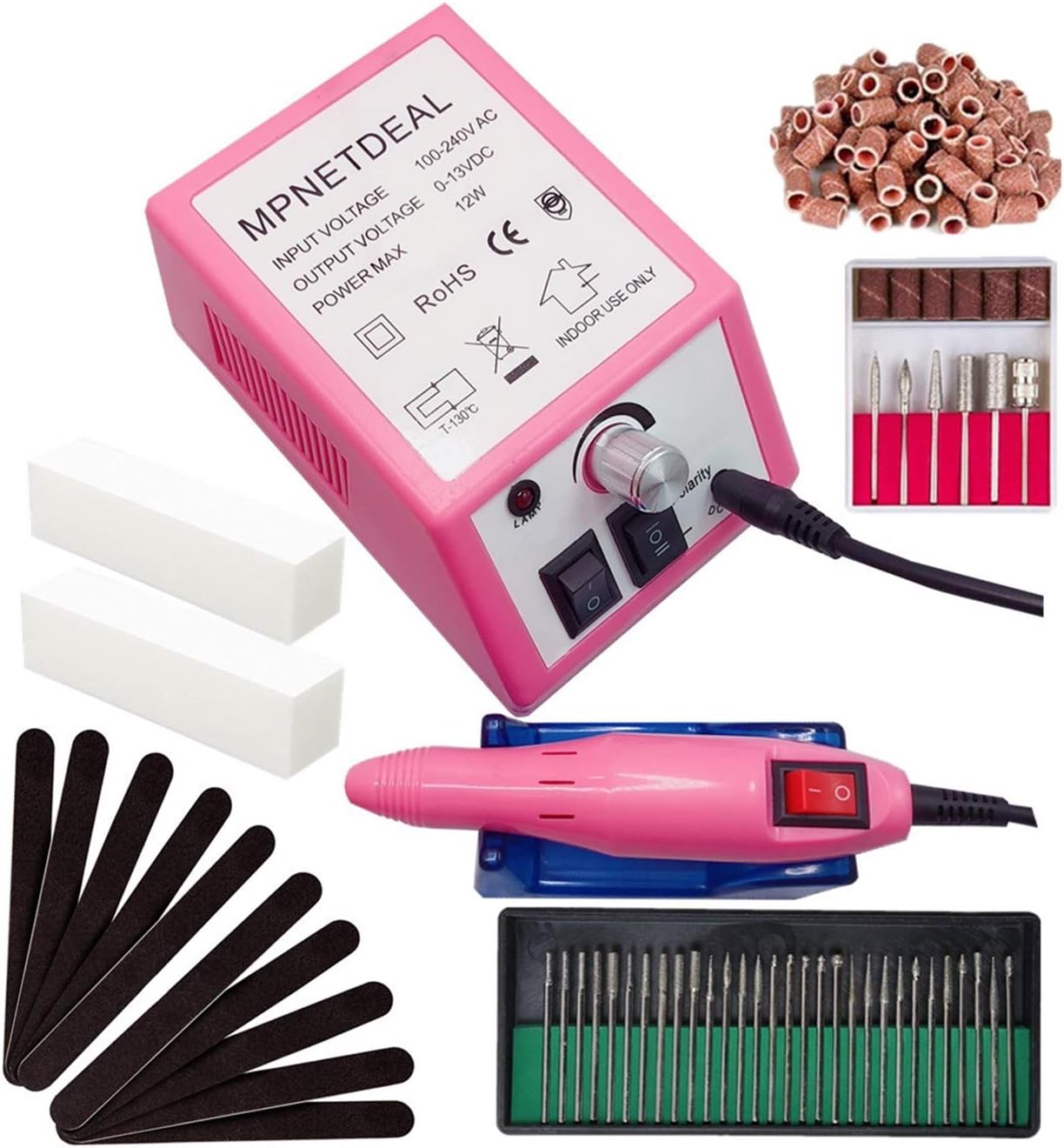 MPNETDEAL Electric Nail Drills Machine e File buffers Sanding Bands Bits for Acrylic Nails Gel Polish Glazing Art Set Polisher Grinder Filer Manicure Pedicure Kit máquina uñas acrilicas Pink