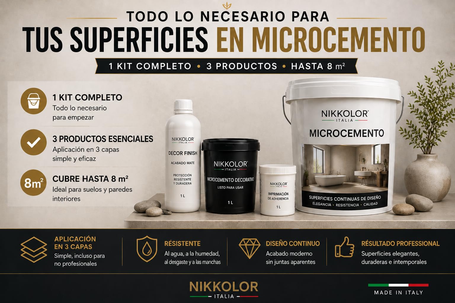 Kit Microcemento 8 m² para suelos y paredes – Semibrillante – 07