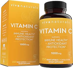 Viva Naturals Vitamin C 1000mg - Non-GMO Vitamin C Supplements with Citrus Bioflavonoids & Rose HIPS for Immune Support & Antioxidant Protection, 250 Vegetarian Capsules