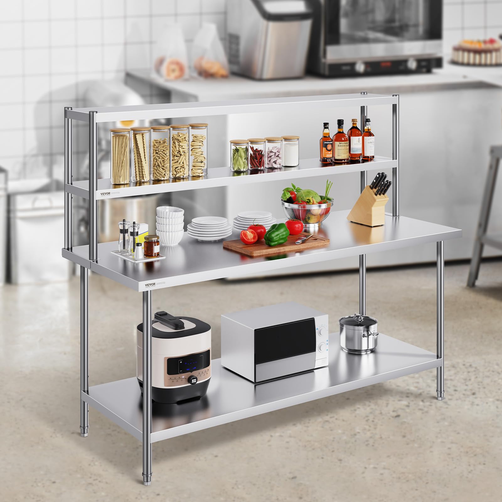 vevor double tier stainless steel overshelf, 12 x 72 inch double deck height adjustable prep work table for kitchen, restaurant and workshop
