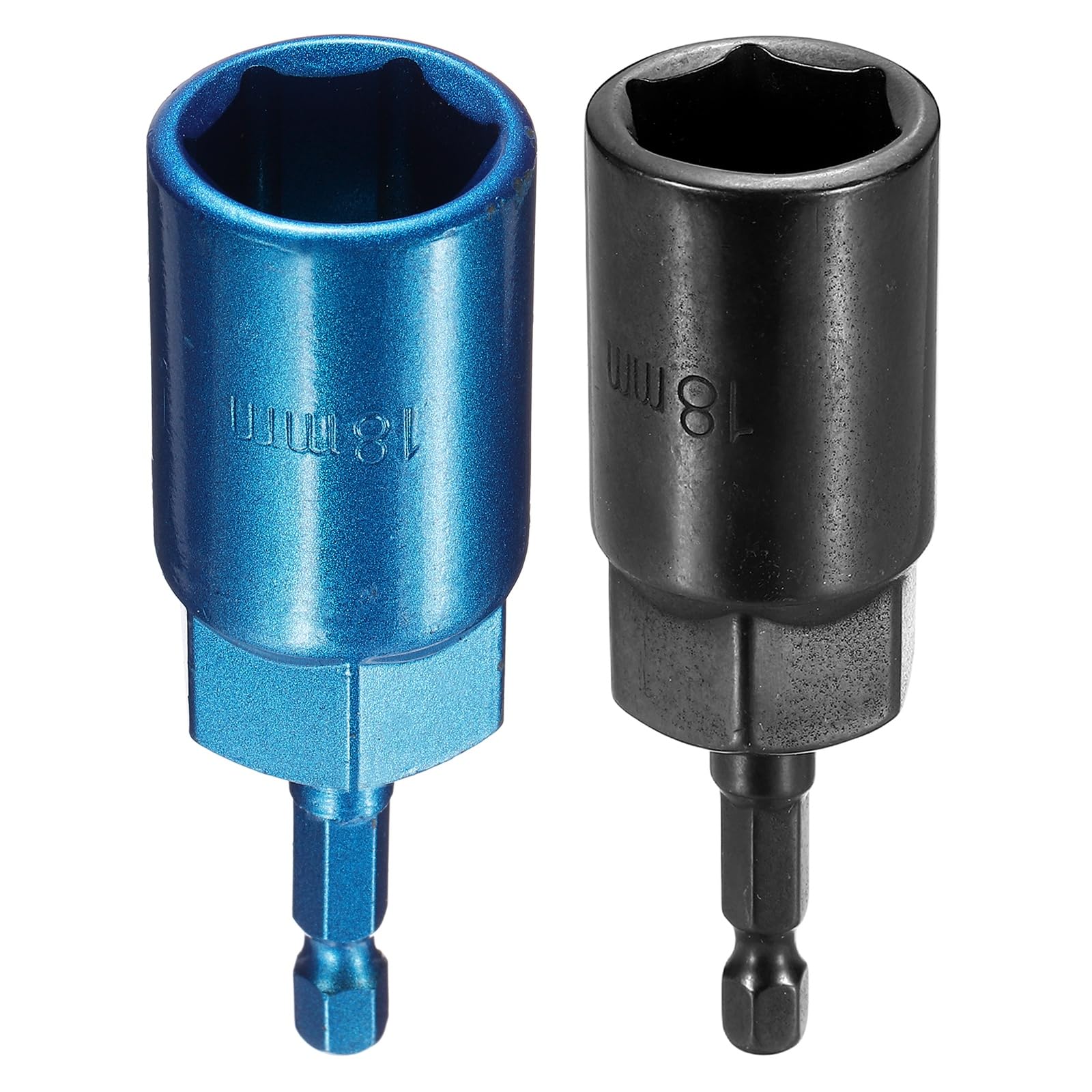 sourcing map 2pcs Nut Driver Drill Bit 18mm Metric Socket 1/4" Hex Shank 3.15" (80mm) Extra Long 6-Point Sockets Quick Change Cr-V Steel Bolt Setters for Power Drill Drivers, Black/Blue
