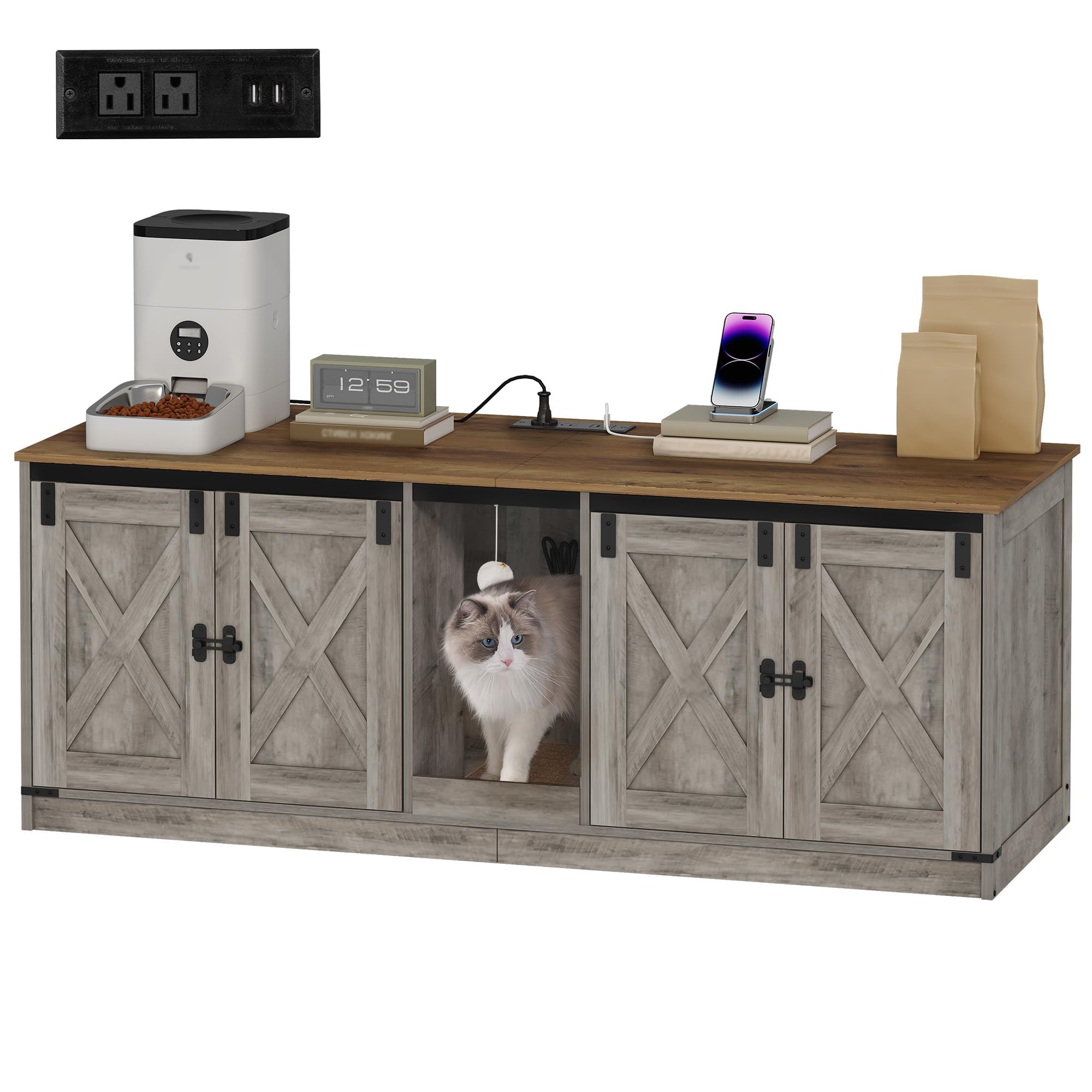 55" L Cat Litter Box Enclosure for 2 Cats, Double Hidden Litter Box Furniture with Scratch Pad, Wooden Cat Cabinet with USB Ports & Power Outlets, Farmhouse TV Stand, Greige CB82505X