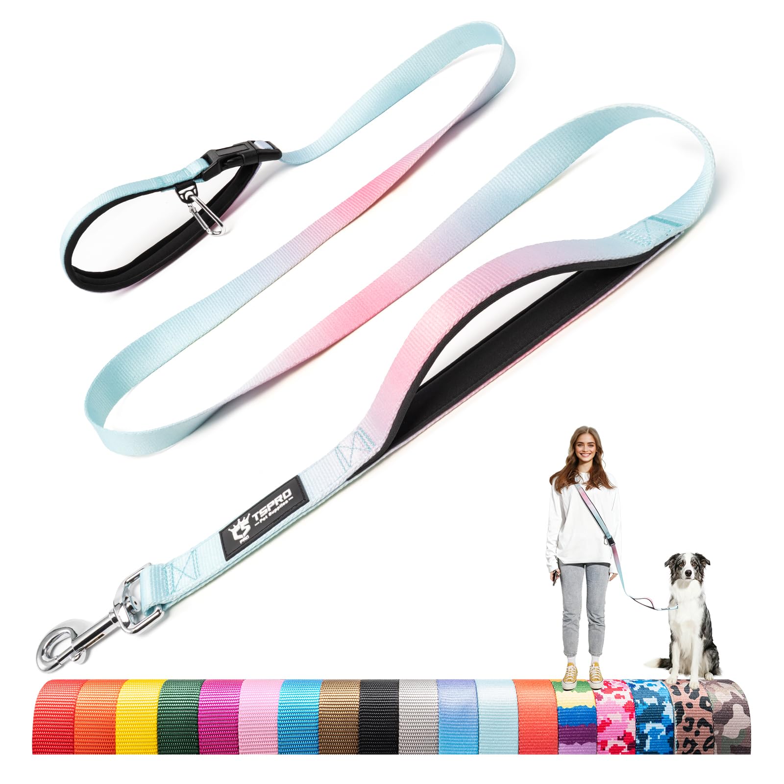 TSPRO Hands Free Dog Lead with Padded Handle & Safety Metal Buckle, Adjustable Durable Lead for Walking & Running, Medium to Large Dogs (Blue-Pink Gradient)