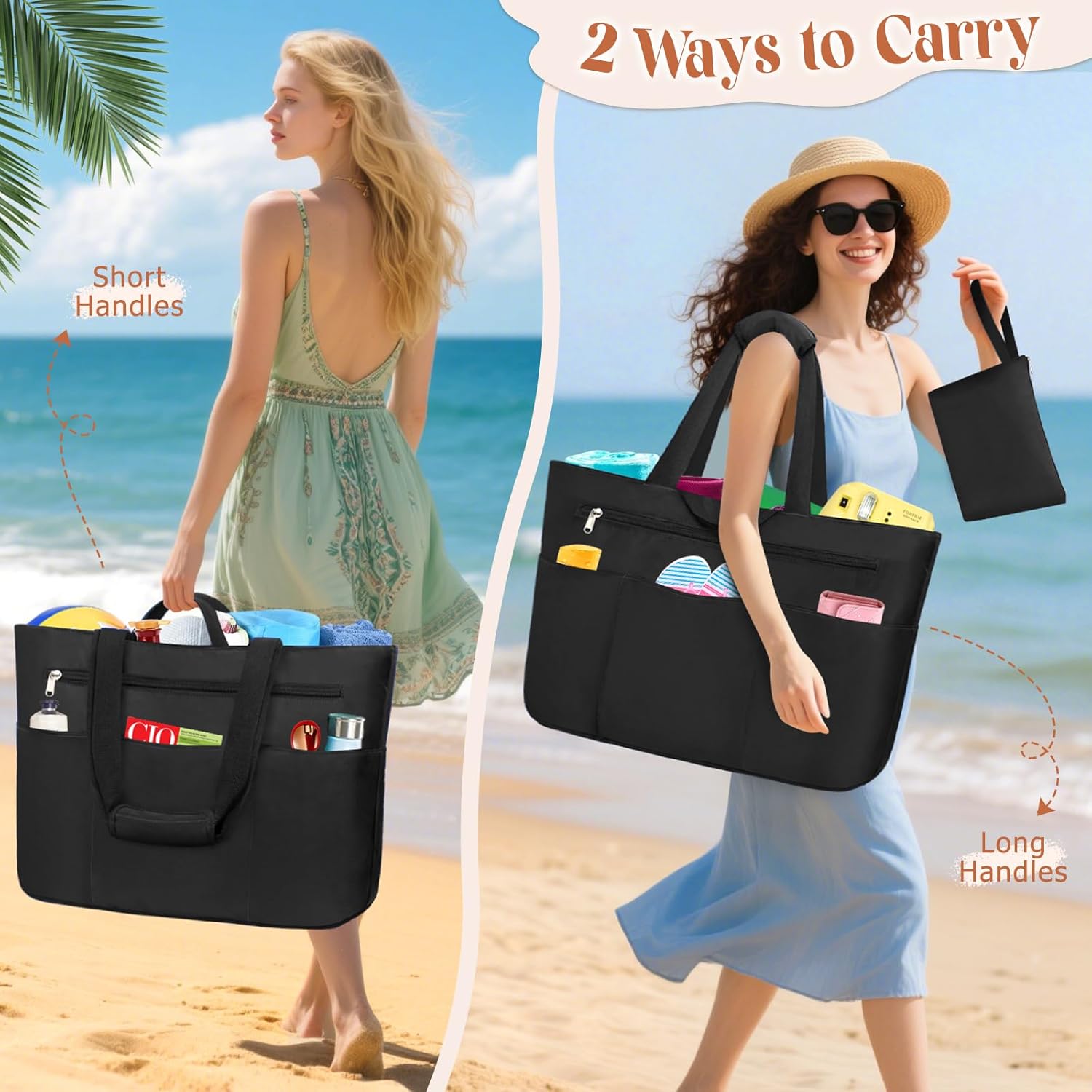 HUANLANG Large Beach Tote Bags for Women Men,Big Beach Bag with Zipper Wet Pocket,Extra Large Tote Bag for Travel Pool