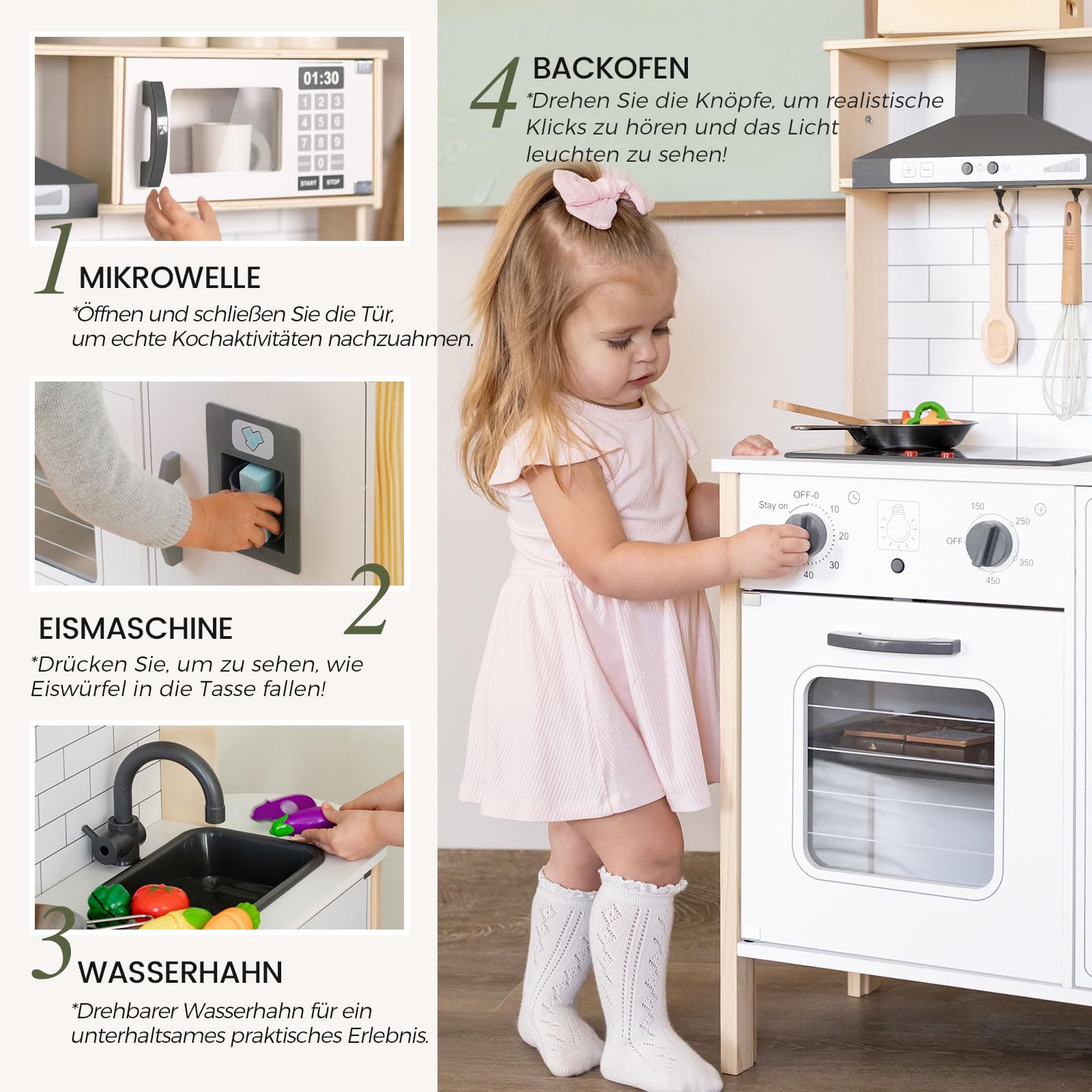 Tiny Land Kinderküche Holz für Kinder mit Licht & Sound, 18-TLG. Zubehör Set, 3-Fach Höhenverstellbare Spielküche für Kinder, Montessori Spielzeug Küche für Jungen & Mädchen, Weiß