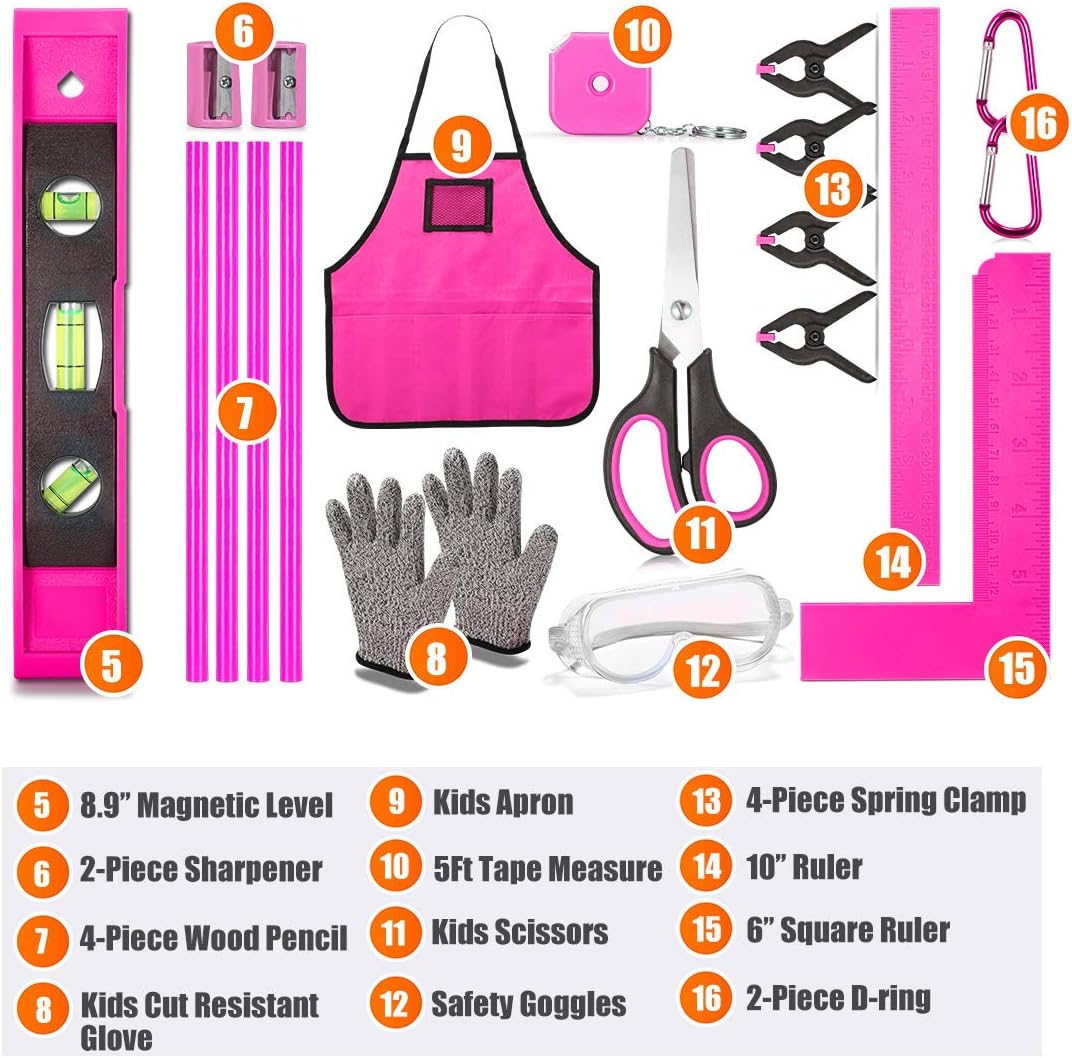 REXBETI 25-Piece Kids Tool Set with Real Hand Tools, Pink Durable Storage Bag, Children Learning Tool Kit for Home DIY and Woodworking
