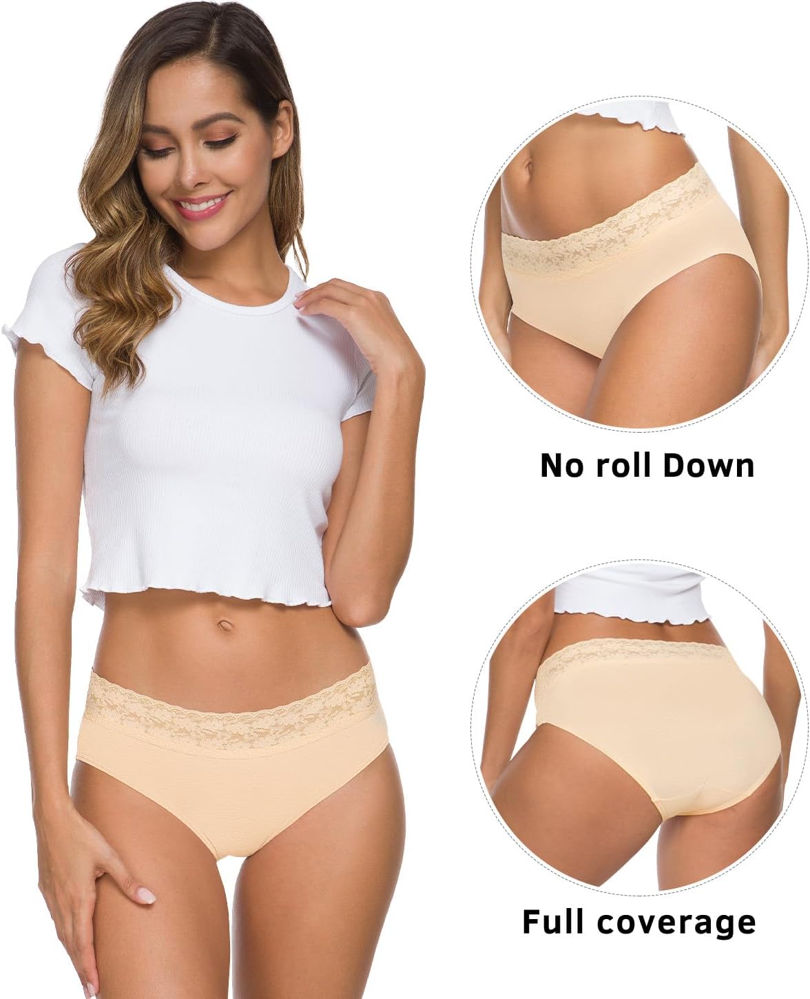  Underwear Women Cotton Lace Waisted Bikini Panties 5-Pack | Breathable Hipster, Soft Stretch Briefs, Full Coverage thumbnail