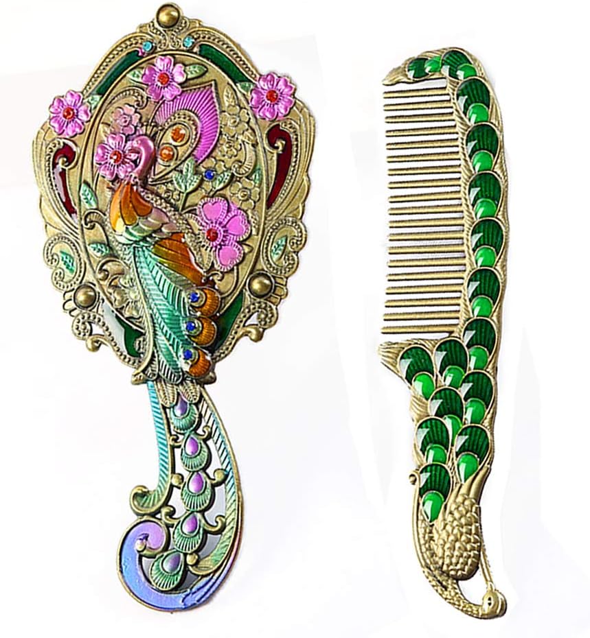 MULHUE Hand Held Mirror, Vintage Hand Mirror Peacock Flower Pattern Decorative Hand Mirror Metal Vanity Mirror Comb Set, Bronze : Beauty & Personal Care