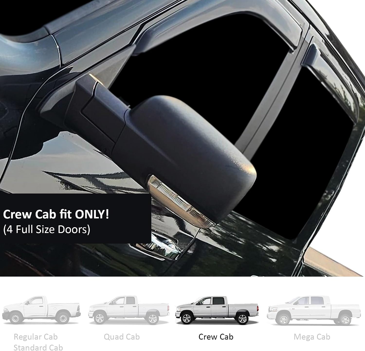 Black Horse Outside Mount Smoke 4 PC Rain Guards Window Visor Sun Deflector Compatible with 2009-2018 Dodge Ram 1500 Crew Cab|2009-2023 Dodge Ram 2500/3500 Crew Cab and Mega Cab-14-94845