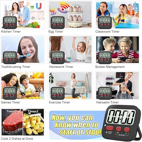 Miniatura 6 de Antonki Paquete de 2 temporizadores digitales para niños, temporizadores de cocina magnéticos de cuenta regresiva para cocinar, huevos, aula,