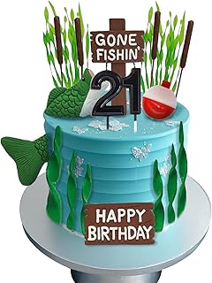 Gone Fishing Cake Topper, Happy 21st Birthday Cake Toppers, 21st Birthday Candles for Cake, Fishing Cake Decorations with Happy Birthday Sign, Fish Themed Party Supplies for Men