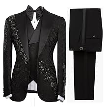 Mens Luxury Jacquard 3 Pieces Suit with Rhinestone Slim Fit Peaked Lapel Blazer Jacket Vest Pants Set for Prom,Party