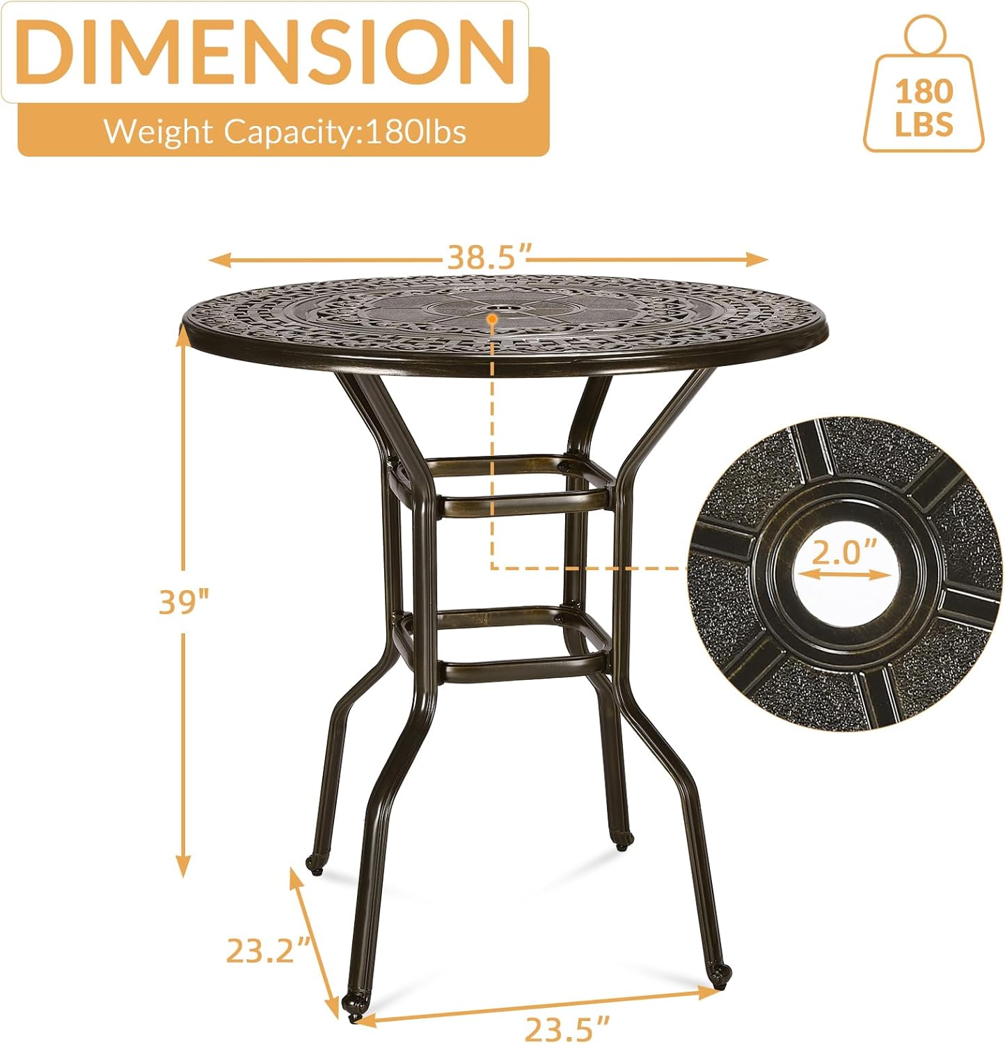 Cast Aluminum Patio Bar Table, 38.5" Outdoor Bar Height Bistro Table with 2" Umbrella Hole, Patio Bistro Round High Top Dining Table Pub Table for Porch Balcony Backyard, Dark Bronze