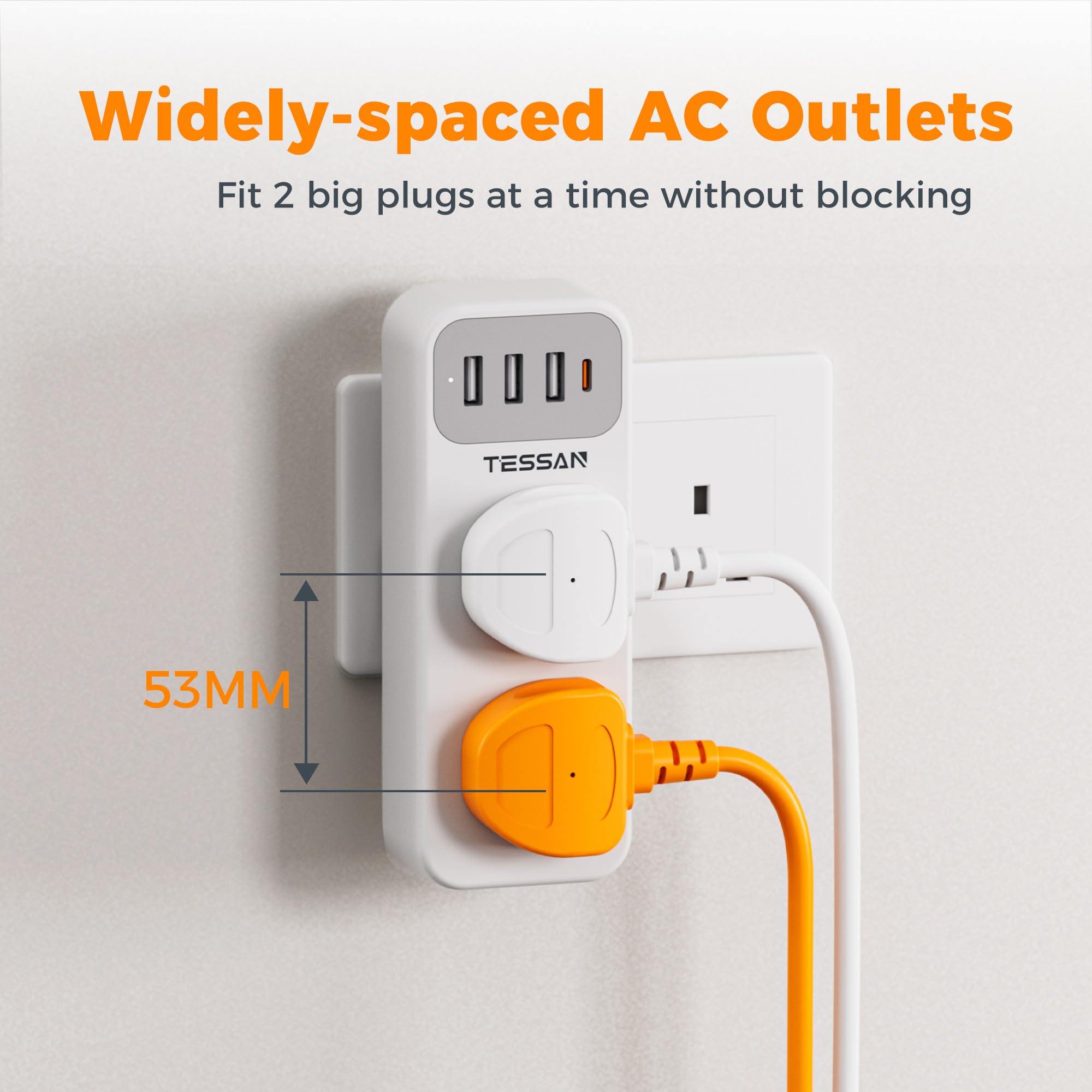 Plug Adapter with 3 USB A and 1 USB C, TESSAN Double Plug Extension Socket, 2 Way MultiPlug Adaptor - Image 3