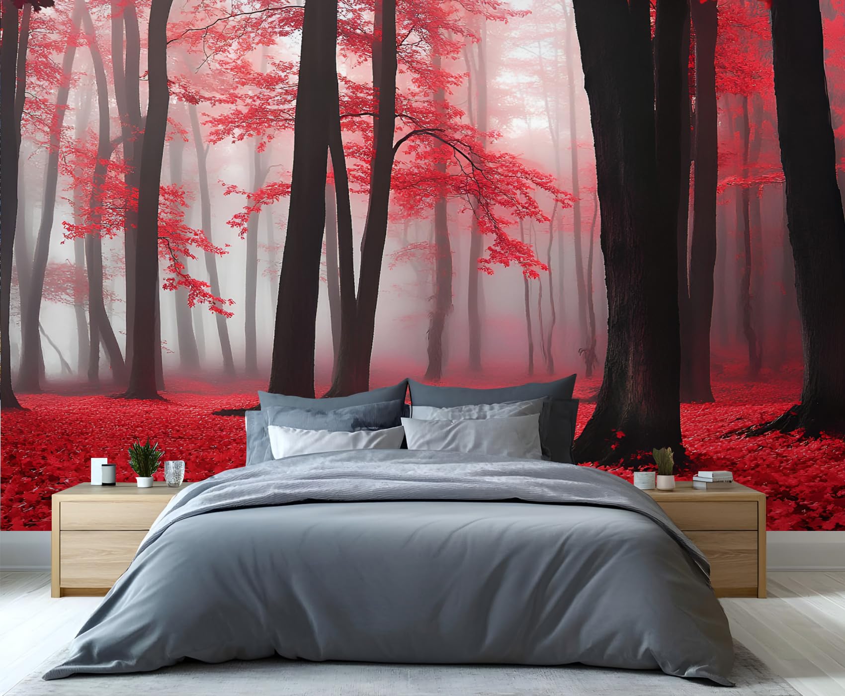 YXQAIED Red Wallpaper, Foggy Forest Bedroom Wall Paper, Not Self Adhesive Black Branches Wallpaper for Living Room, Red Forest Apartment Wall Murals & Room Decor, 366x254cm