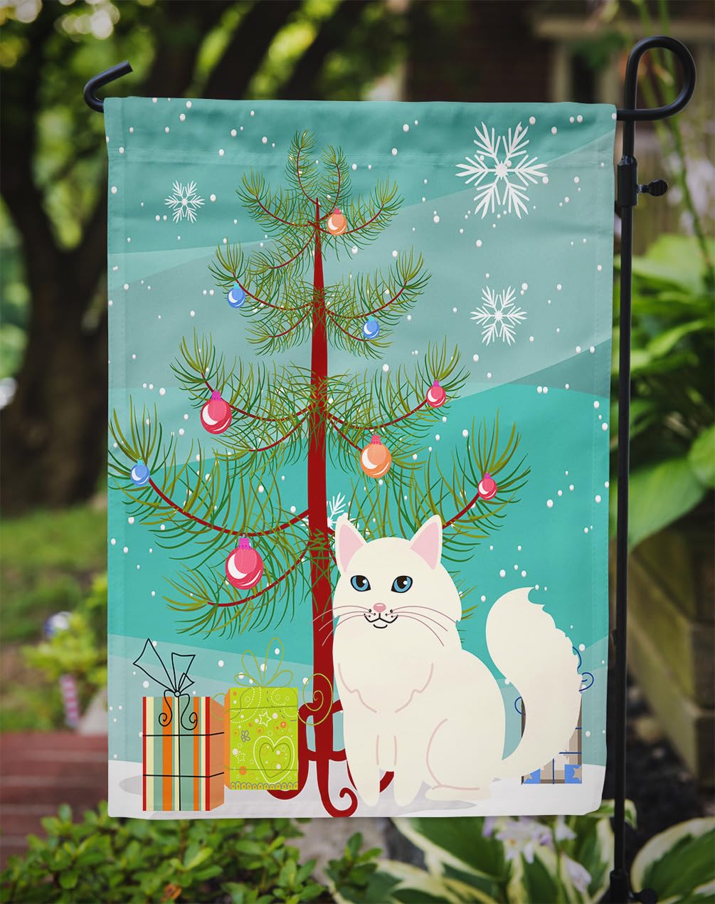 Bandiera Da Giardino Gatto Turco Angora - Merry Christmas Tree - 27,9x38,1 Cm - Double Face