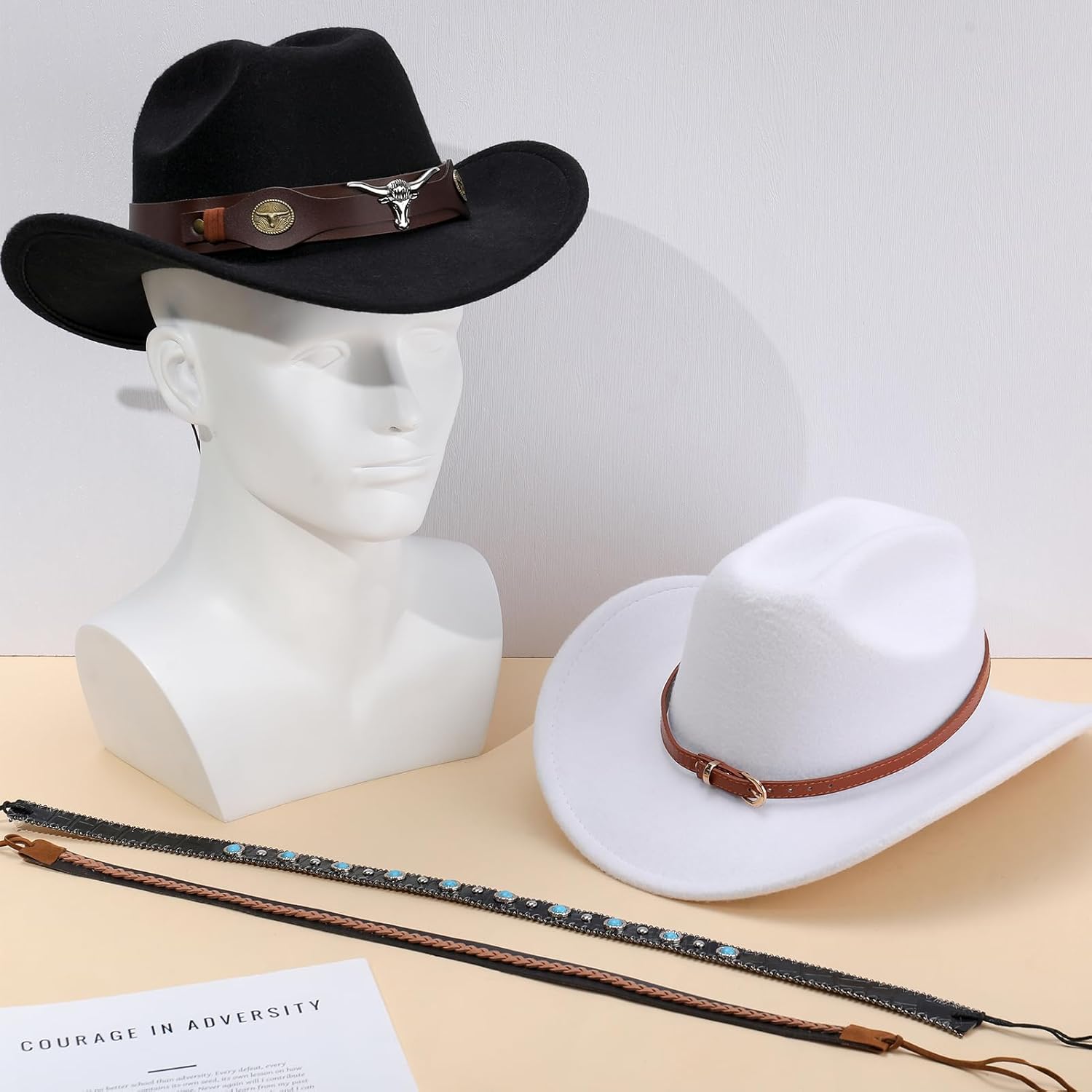 2 Pcs Western Cowboy Hats with Decorative Bands Cowgirl Hats for Women and Men Black White - Image 7