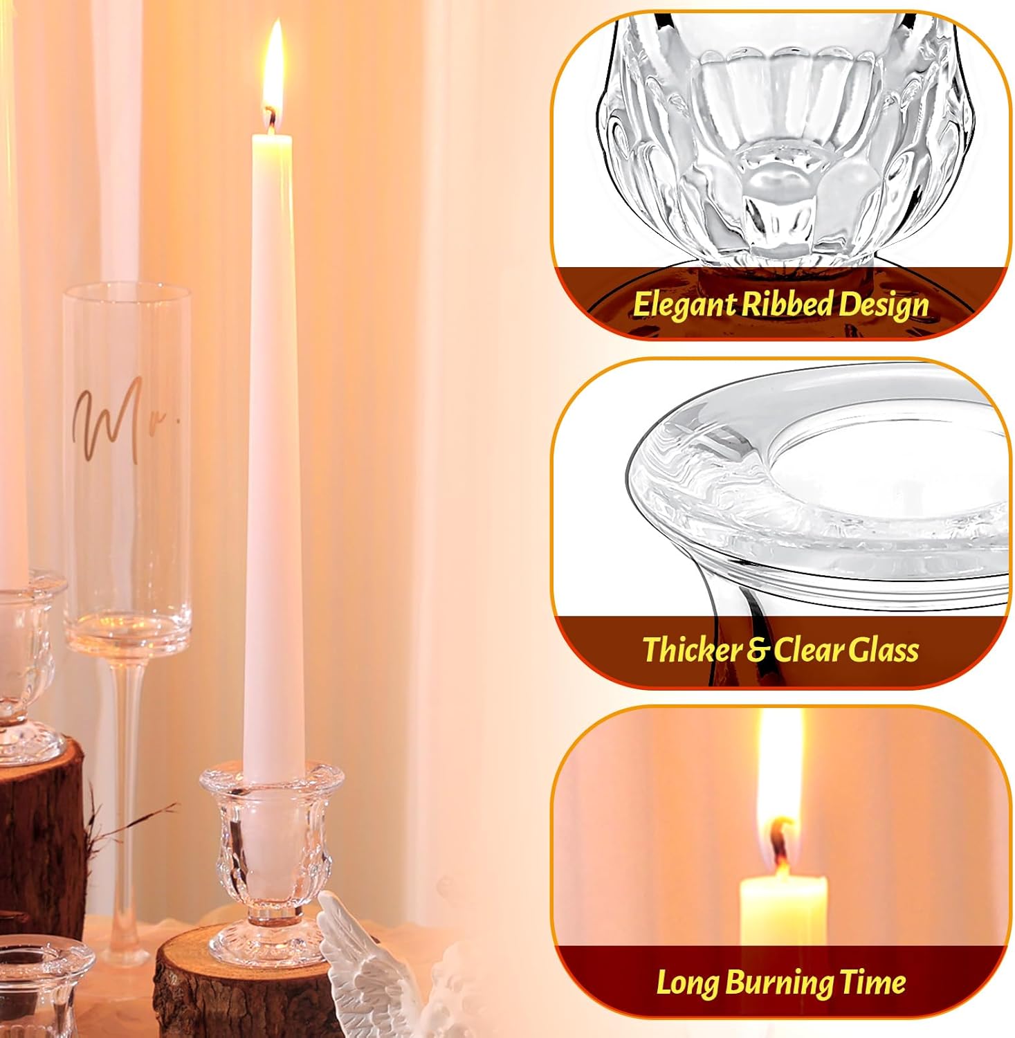 48 Pcs Taper Candlestick Holder Clear Glass Candle Holder with 10 Inch White Candles 8 Hours Burn Time Smokeless Candles for Wedding Table Centerpiece Party Decorations